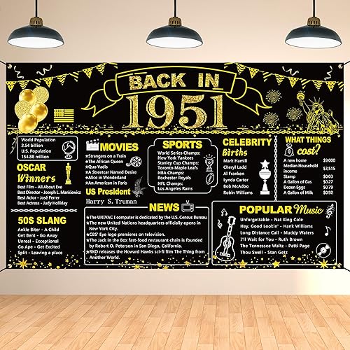 Miniatura 19 de DARUNAXY Decoración de fiesta de 71 cumpleaños negro y dorado, cartel de "Back in 1955" para fiesta de cumpleaños de 71 años, suministros de póster