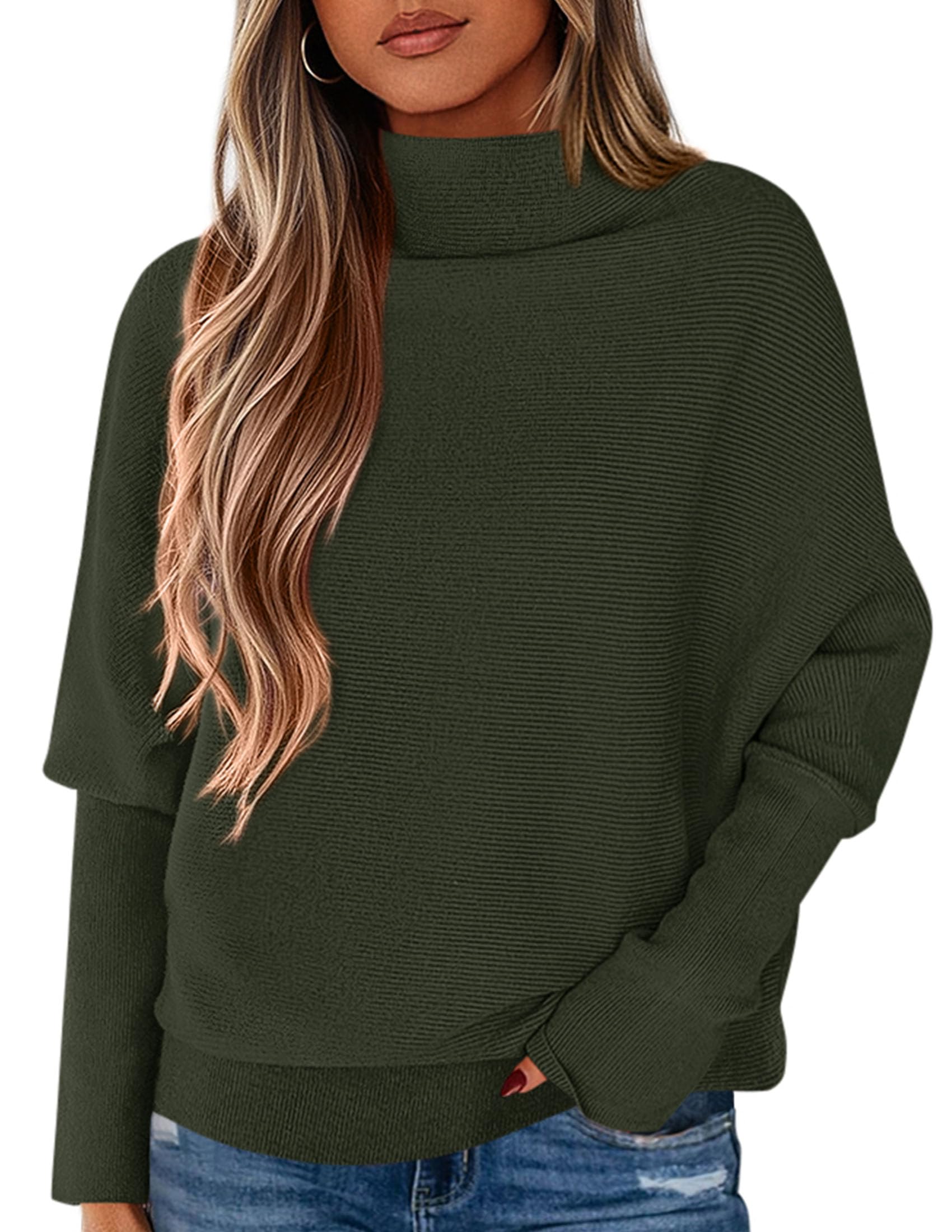 PRETTYGARDEN Fall Sweaters for Women 2026 Winter Clothing Batwing Sleeve Casual Loose Knit Turtleneck Sweater Holiday Outfits