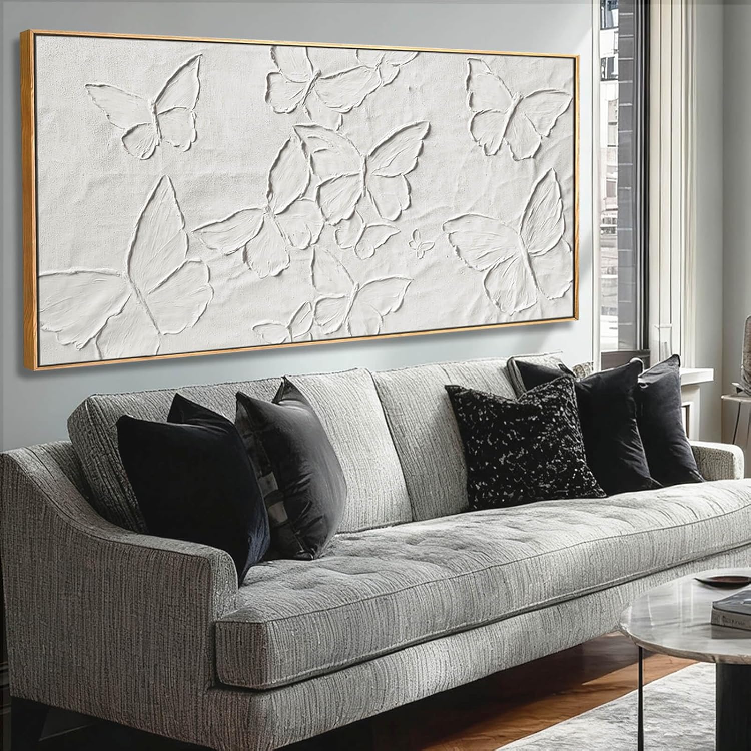 White Butterfly Wall Art 24x48 Inch, Large Framed 3D Textured Canvas Prints with Wooden Frame, Minimalist Relief Wall Decor for Bedroom Living Room or Office