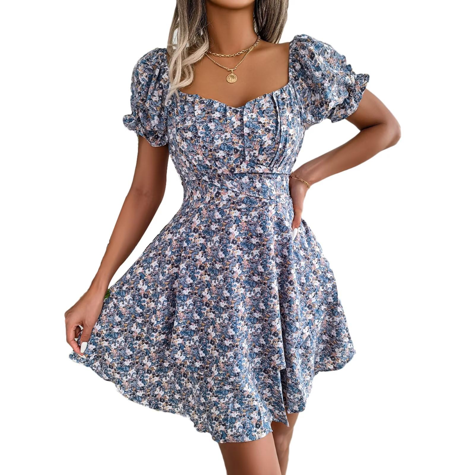 ZMNKH Summer Dresses for Women Casual Short Sleeve Sundress Beach Swing Dress Ladies Floral Dresses