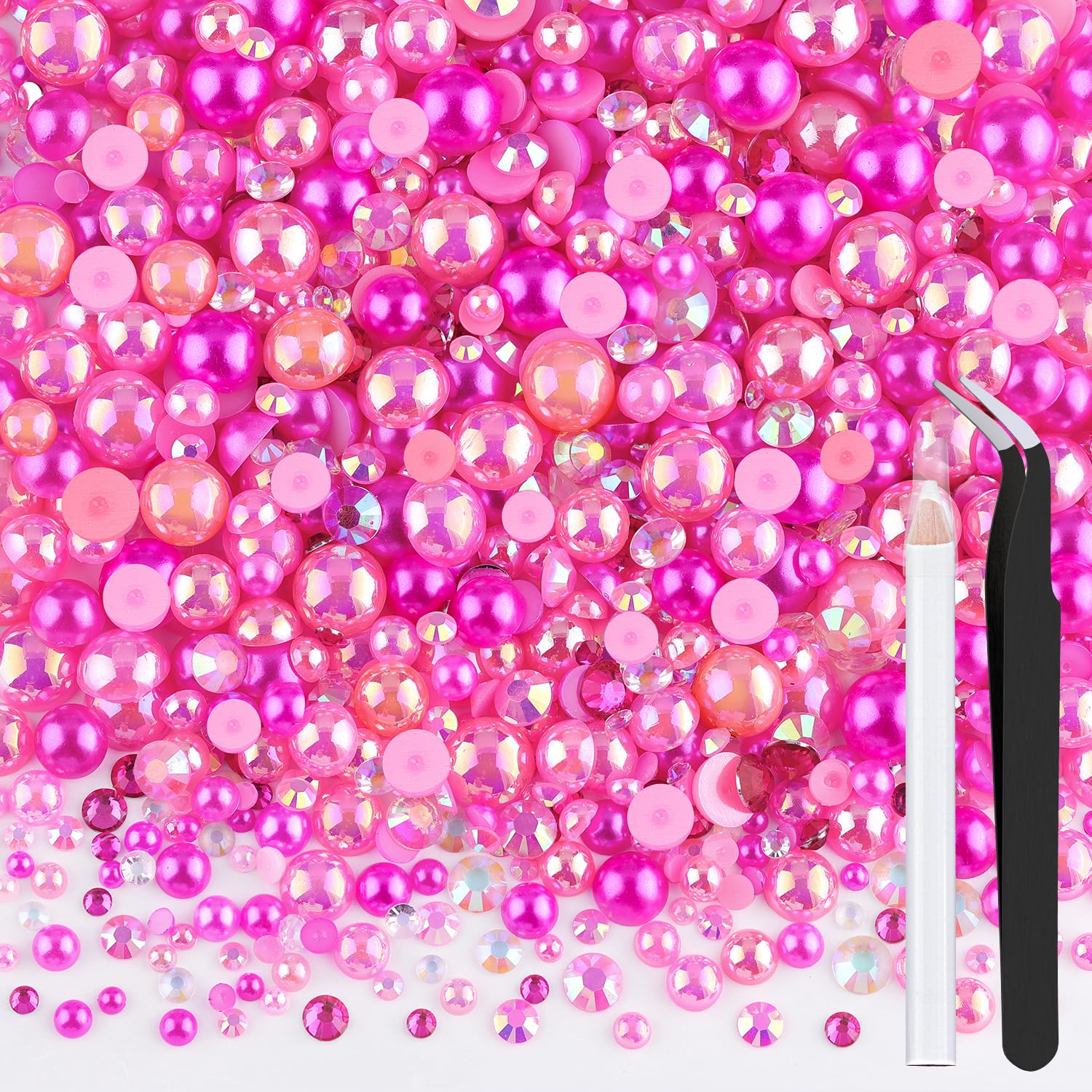 80g Flatback Pearls and Rhinestones for Crafting, Dark Pink Mixed Size 3-10mm Resin Rhinestones and Half Pearls for Bedazzling, Nail Art and