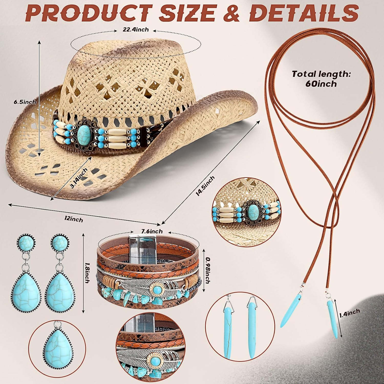 Cutecrop 5 Pcs Boho Jewelry Western Hat Set Cowboy Hat Western Belt Boho Pendant Choker Layered Bracelet Dangle Earrings