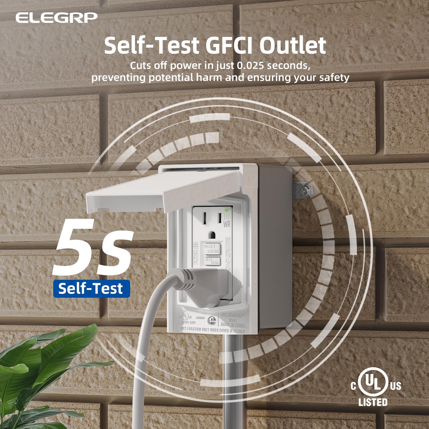 ELEGRP GFCI Kit de prise électrique 15 A, WR, avec plaque murale résistante aux intempéries, blanc, 1 paquet