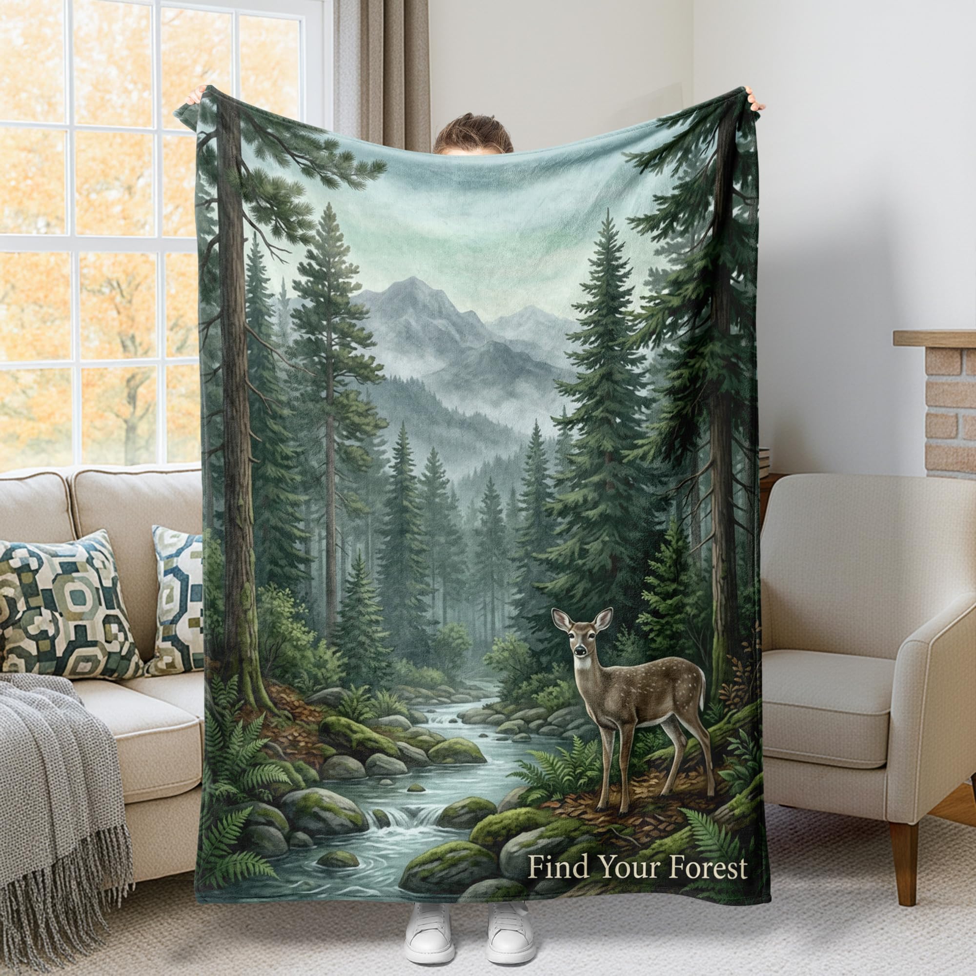 Couverture motif cerf plaid automne vert pour canapé et lit cocooning