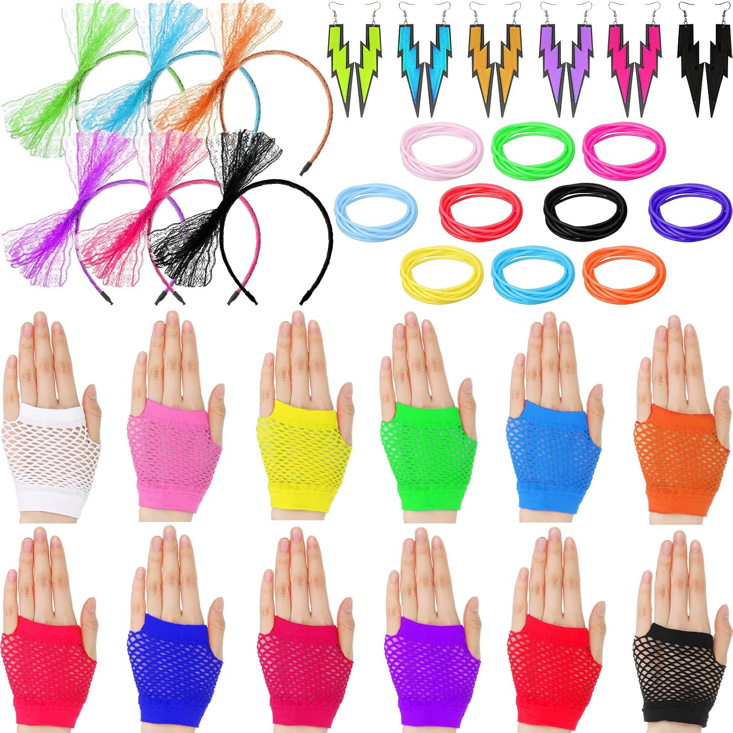 Zhanmai 144 Pcs 80s Disco Costume Accessories Set - Women's Neon Jelly Bracelet, Fishnet Wrist Gloves, Lace Headbands, Neon Earrings for 80s Party