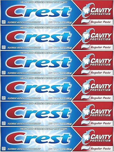 Crest Pasta dental anticaries con flúor, paquete de 6 pastas regulares, tubos de pasta de dientes de 2.4 onzas, cuidado bucal clínicamente probado,