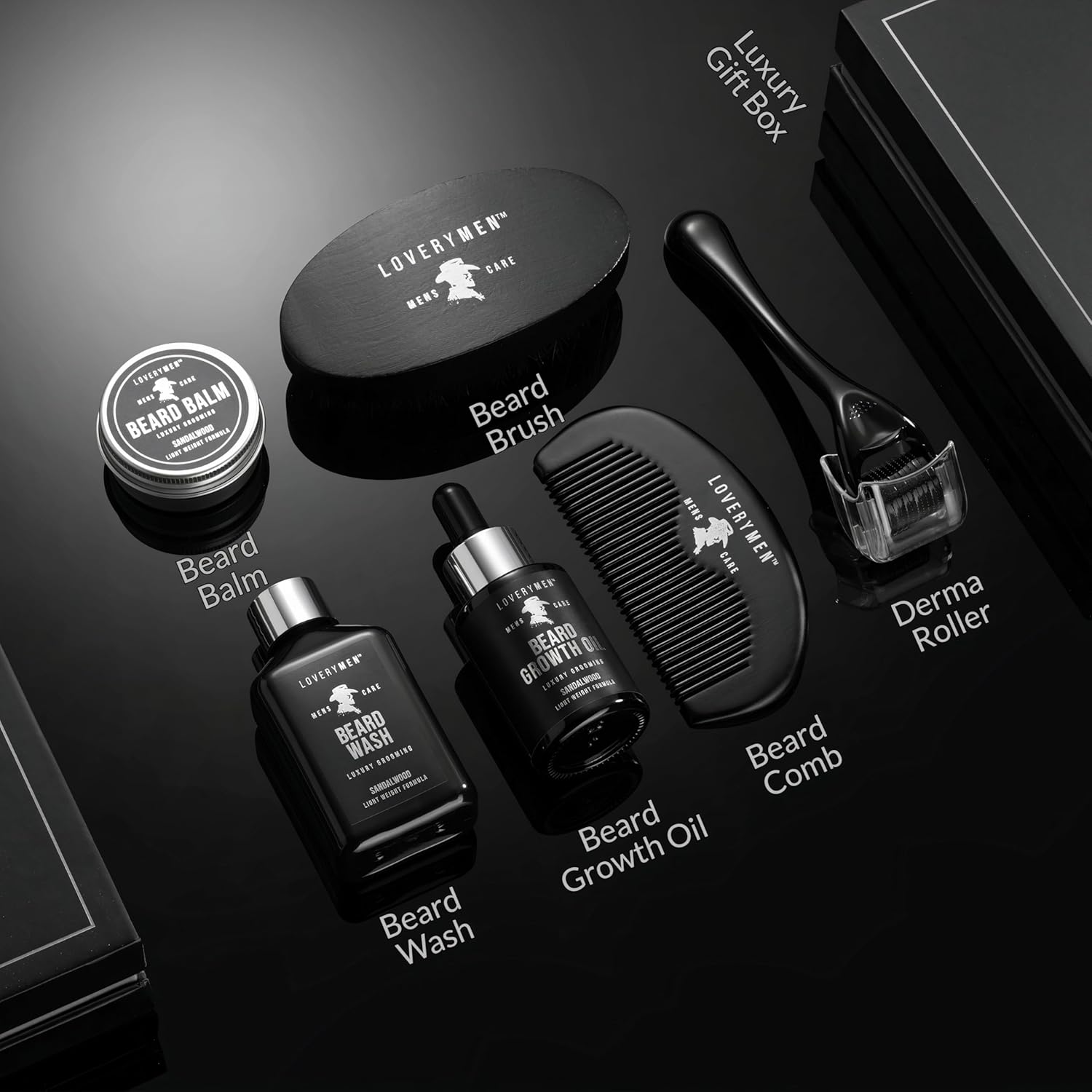 LOVERY Gifts for Him - Beard Grooming Kit - Includes Beard Oil, Beard Balm, Beard Wash, Comb, Brush & more– Mens Gifts for Him, Boyfriend, Husband, Dad - Sandalwood Beard Kit