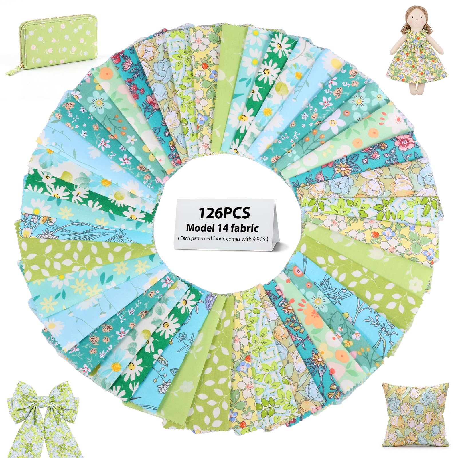 126Pcs Cotton Fabric Squares,12.7 X 12.7cm Precut Patchwork Fabric Bundle, Floral Craft Material Assortment for Quilting, Sewing, Scrapbooking & DIY Projects(Light Green + Cyan)
