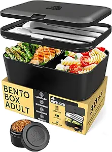 Umami Lunch Box Containers w/ 4 Utensils, Sauce Jar, Nestable Space-Saving Bento Box Adult, 100% Leakproof, Microwavable Lunch Containers for Adults, Design Award Winner, Black, 30 oz