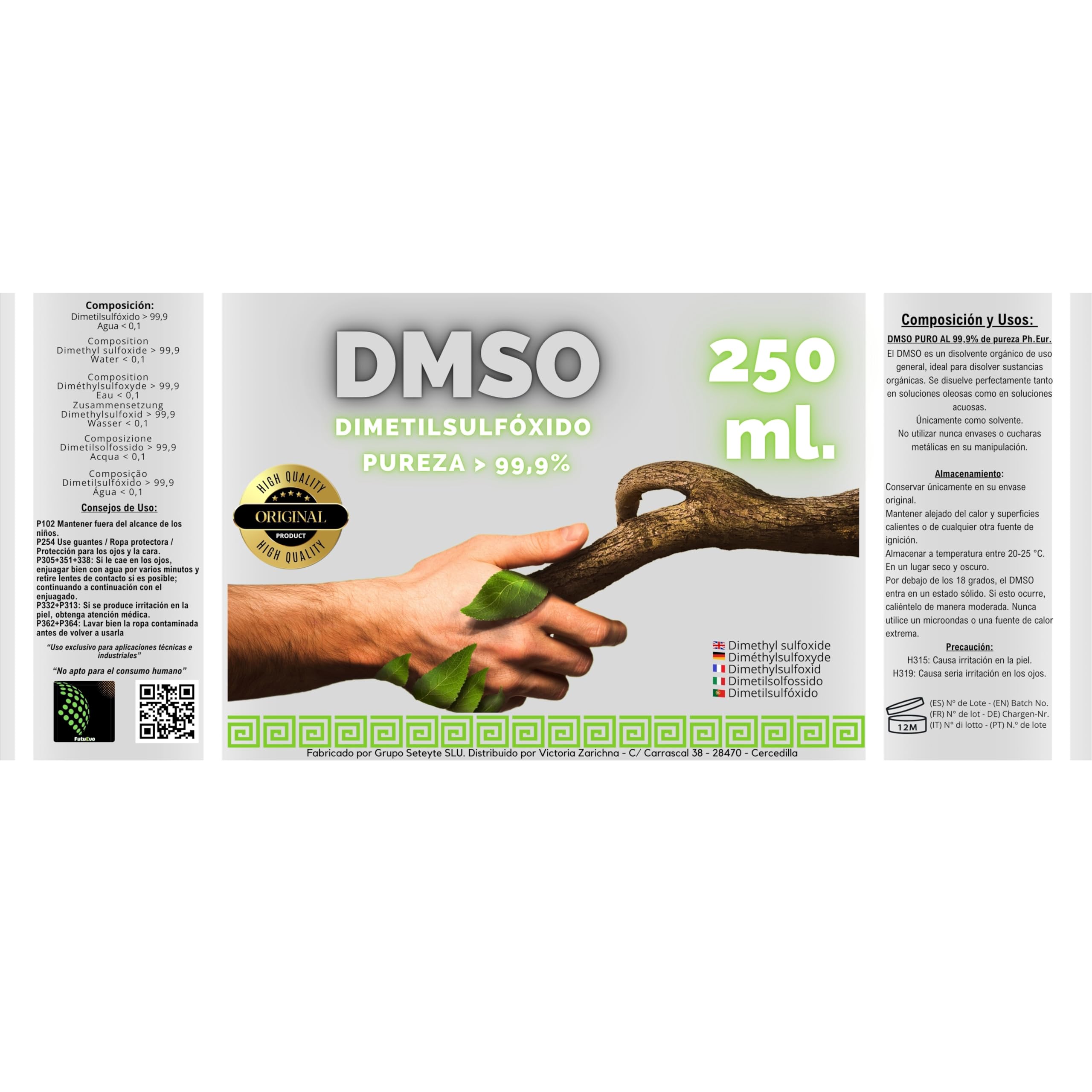 2 X DMSO 250 ml. 99,9% Pureza Con Gotero | Dimetilsulfóxido Calidad Ph Eur | Regalo Frasco125ml + Difusor + Vasito Dosificador | Frascos Ámbar de Laboratorio | Precinto de Seguridad