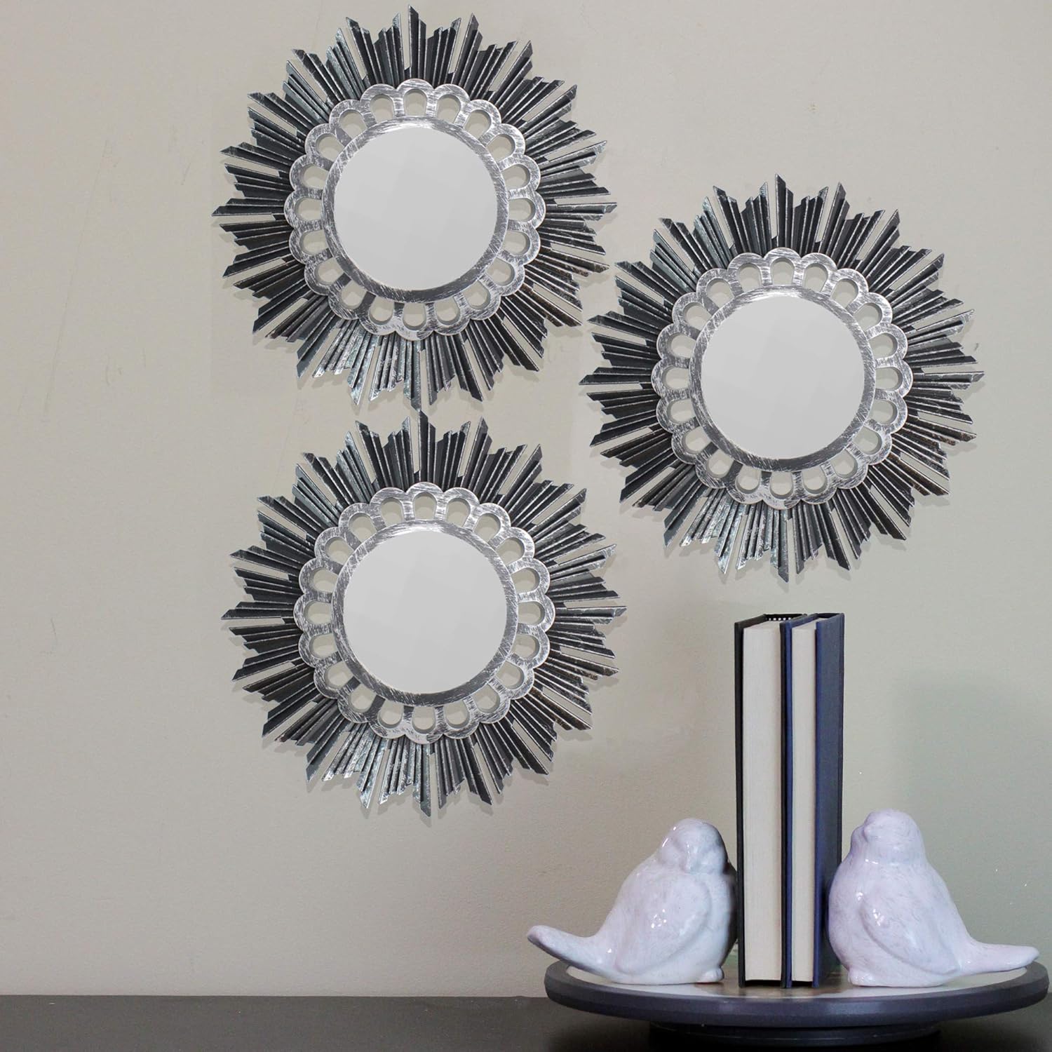Northlight Set of 3 Floral Sunburst Brushed Silver Round Mirrors 9.5"