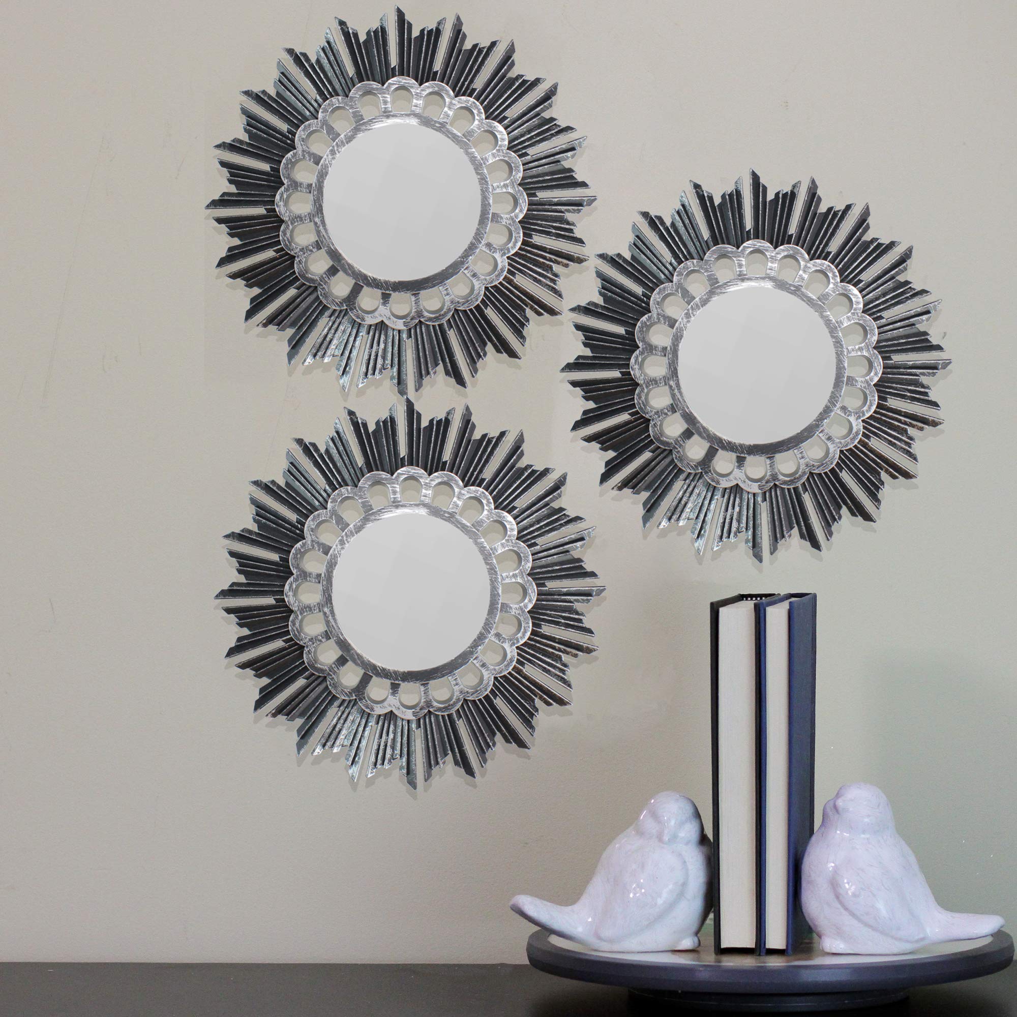 Northlight Set of 3 Floral Sunburst Brushed Silver Round Mirrors 9.5