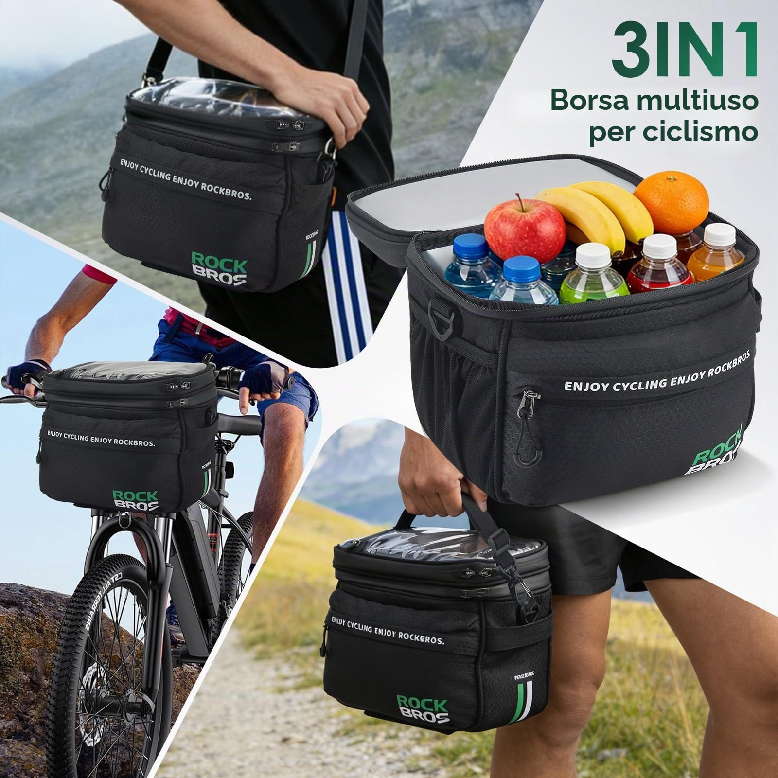 Borsa da Manubrio per Bicicletta, 3 in 1 con Tracolla Regolabile, Touchscreen, Copertura Antipioggia, Impermeabile e Isolata, per Cellulare, Adatta per Bici e E-Bike