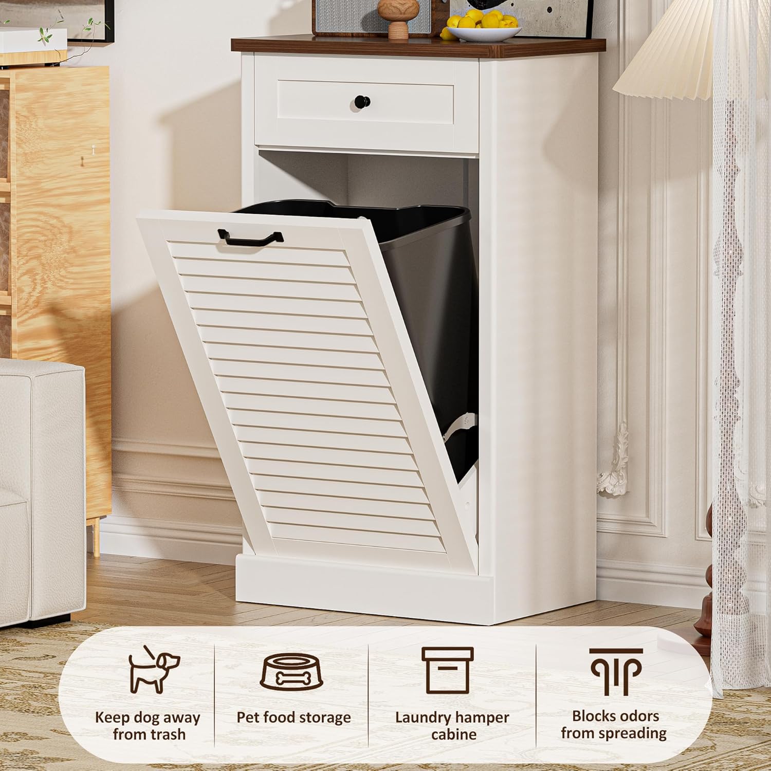 Spurgehom 13 Gallon Tilt Out Trash Can Cabinet with Louvered Door, Freestanding Trash Cabinet Garbage Can Cabinets with Hideaway Drawers for Kitchen Living Room, White