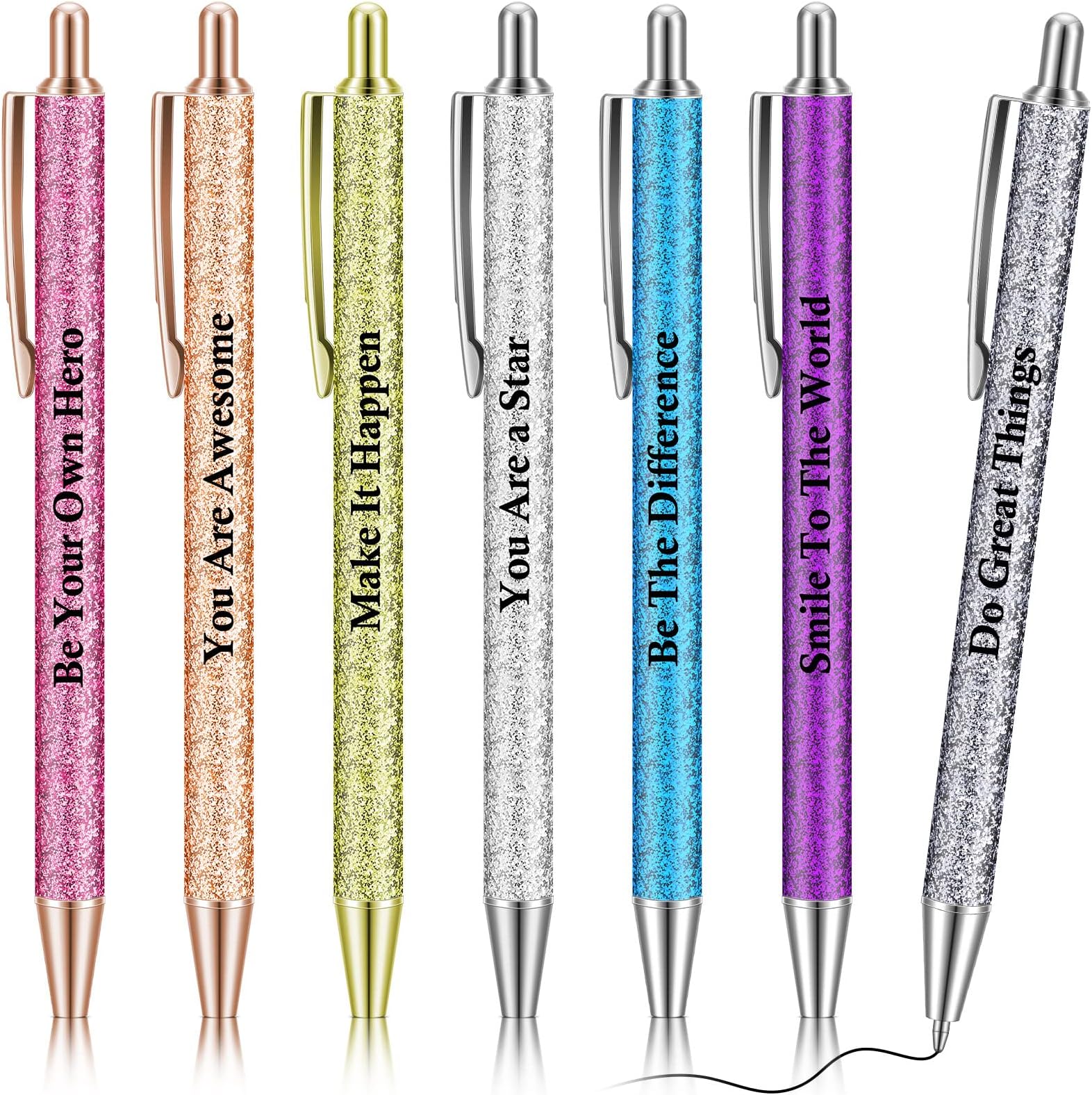 Geyee 7 Pcs Inspirational Pens glitter Motivational Quotes Encouraging Black Ink Pens Appreciation Gifts for Kids Students Women Men Office Supplies (Inspirational)
