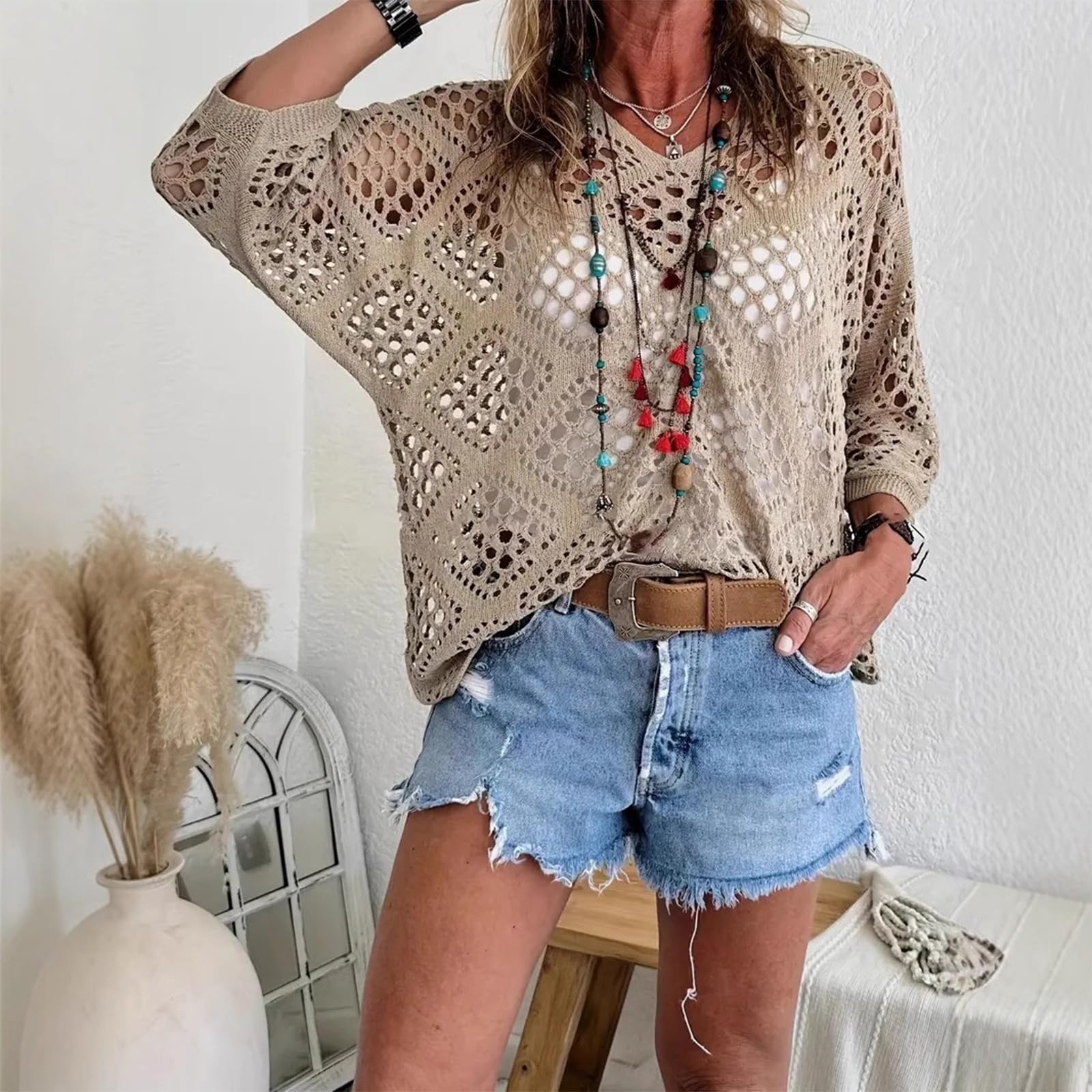 Generico Women's Bohemian-Inspired Beige Crochet Top with V-Neck Bohemian Crochet Tops for Women