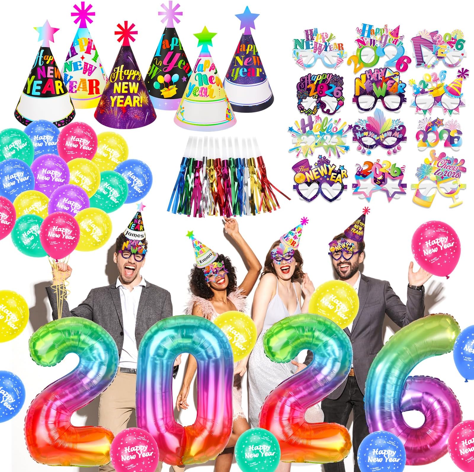 HOWAF 41pcs New Years Eve Party Supplies 2026 Colorful Happy New Year Hats News Years Eve Hats 2026 Glasses Party Blowouts Balloons NYE Party Favors Accessories Kit for Happy New Year Decorations