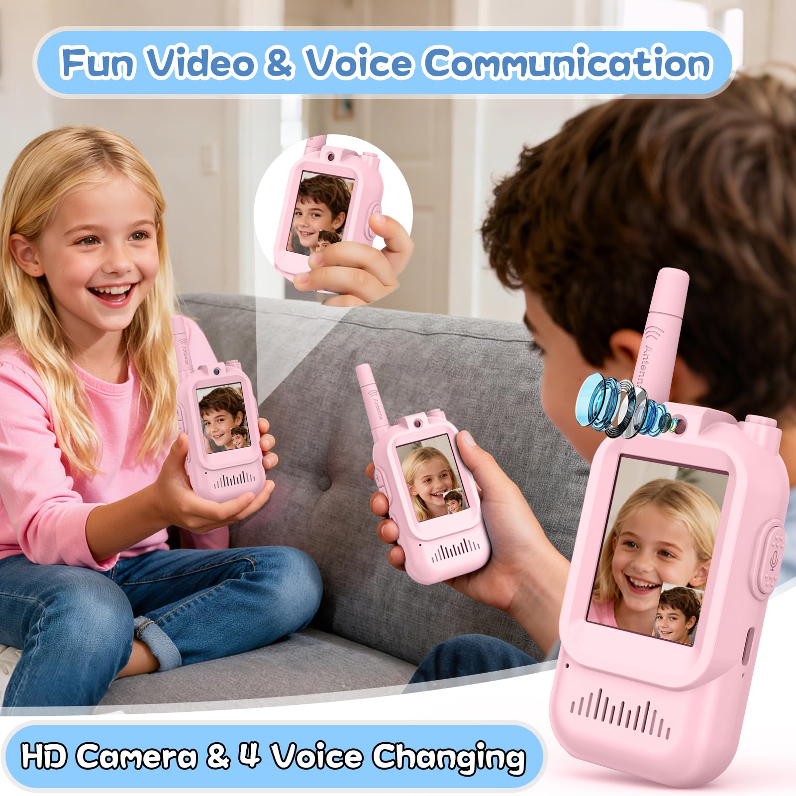 Hangrui Talkie Walkie Enfants avec Vidéo & HD Caméra,Lot de 2 Talkies-Walkies Rechargeable,Portée 100-400m,4 Modes de Voix Changée, Cadeaux Jouets de Plein air pour Enfants de 3 à 12 Ans (Rose + Rose)