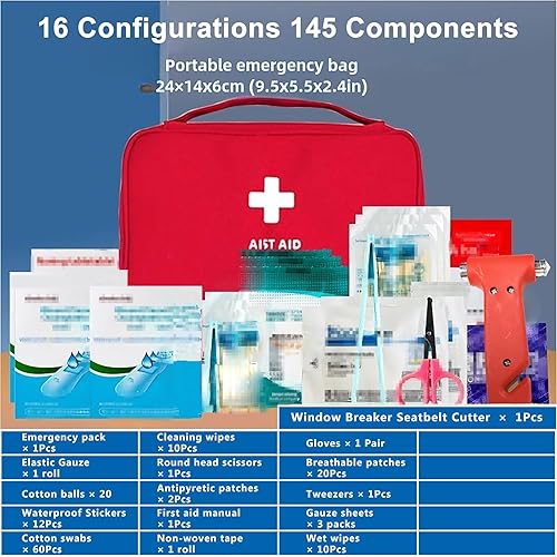 Miniatura 2 de Kit de primeros auxilios para automóvil de 145 piezas con cortador de cinturón de seguridad para romper ventanas, kit de emergencia pequeño rojo,