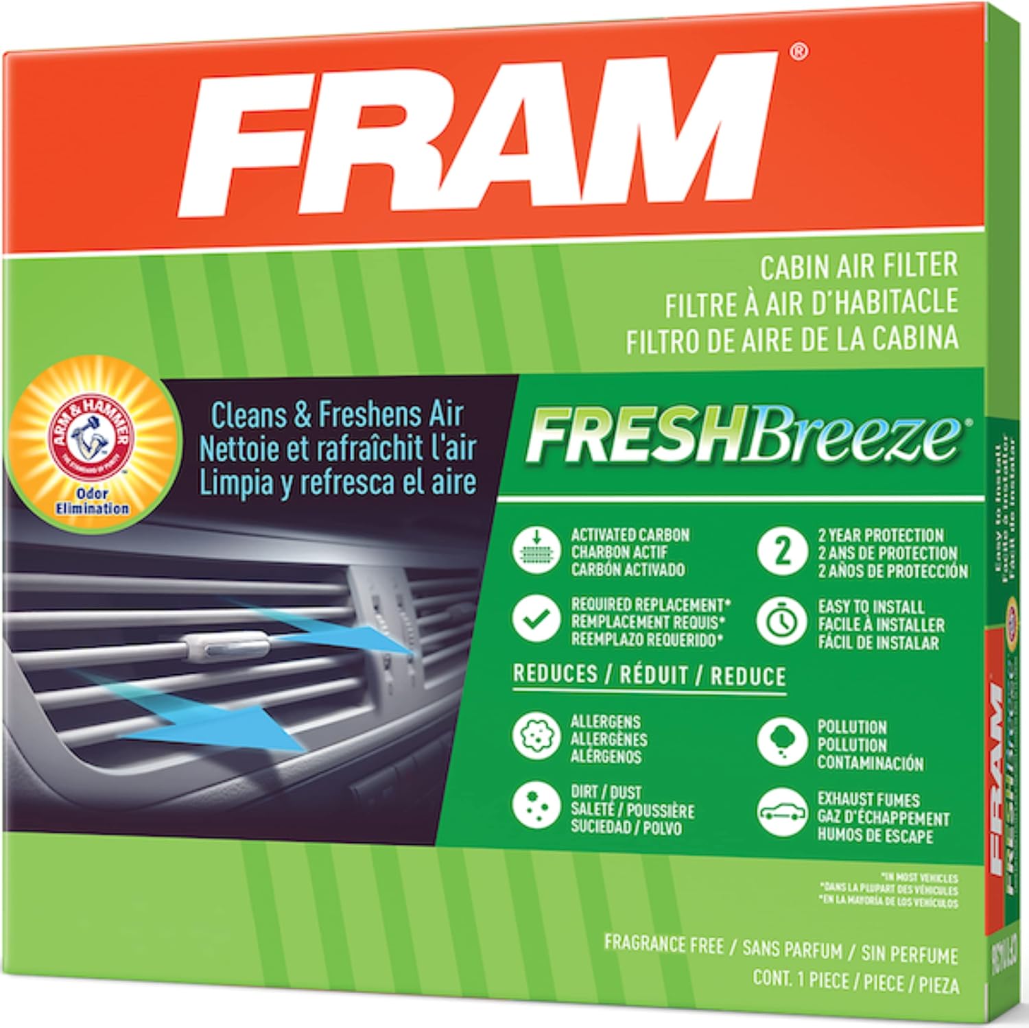 FRAM Fresh Breeze Cabin Air Filter Replacement for Car Passenger Compartment w/Arm and Hammer