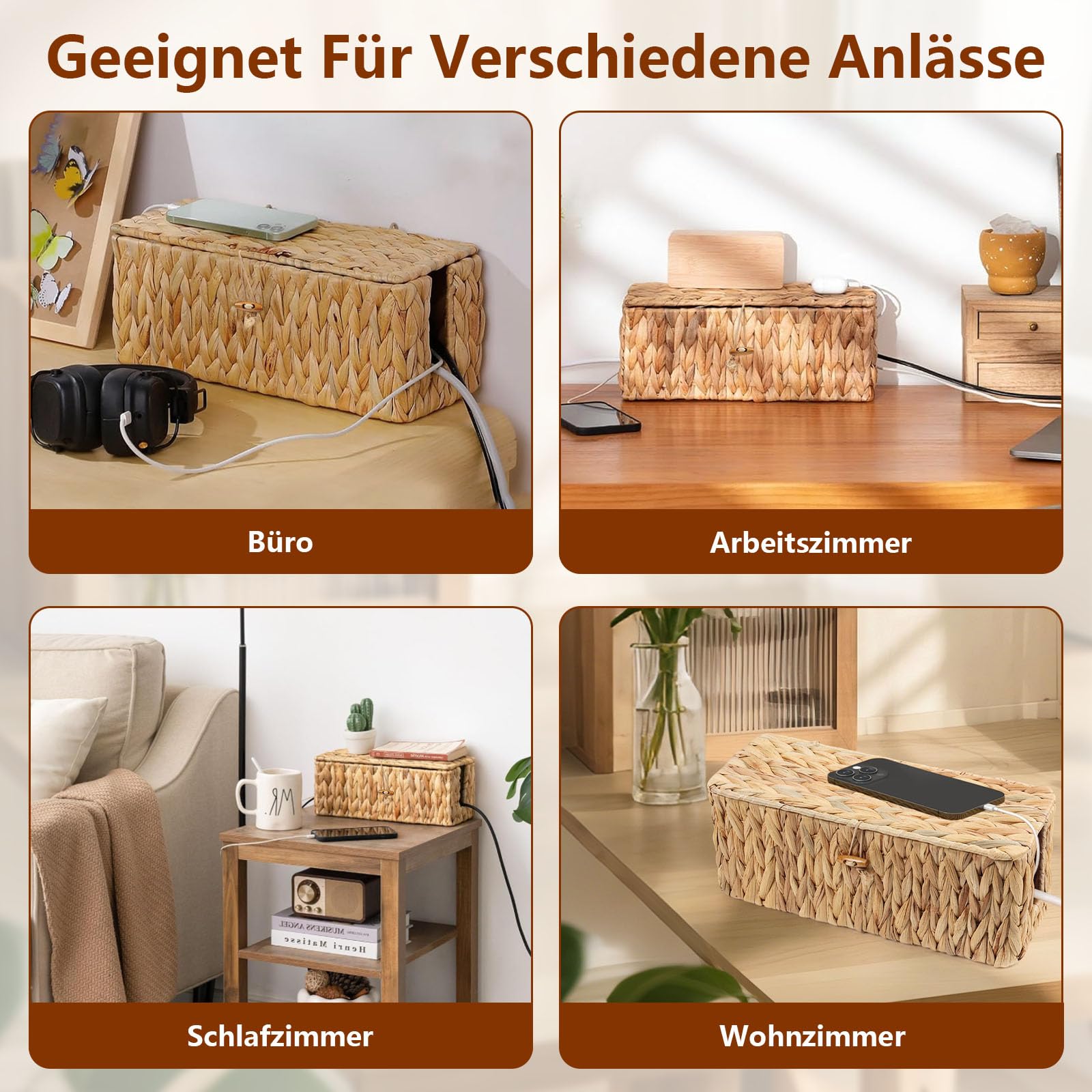 2 Pièces Boîte à Câbles,Boîte De Rangement pour Câbles en Jacinthe D'eau Tressée Naturelle, Boîte de Rangement pour Câbles Sous le Bureau Avec Couvercle en Bambou,pour Le Bureau,La Maison