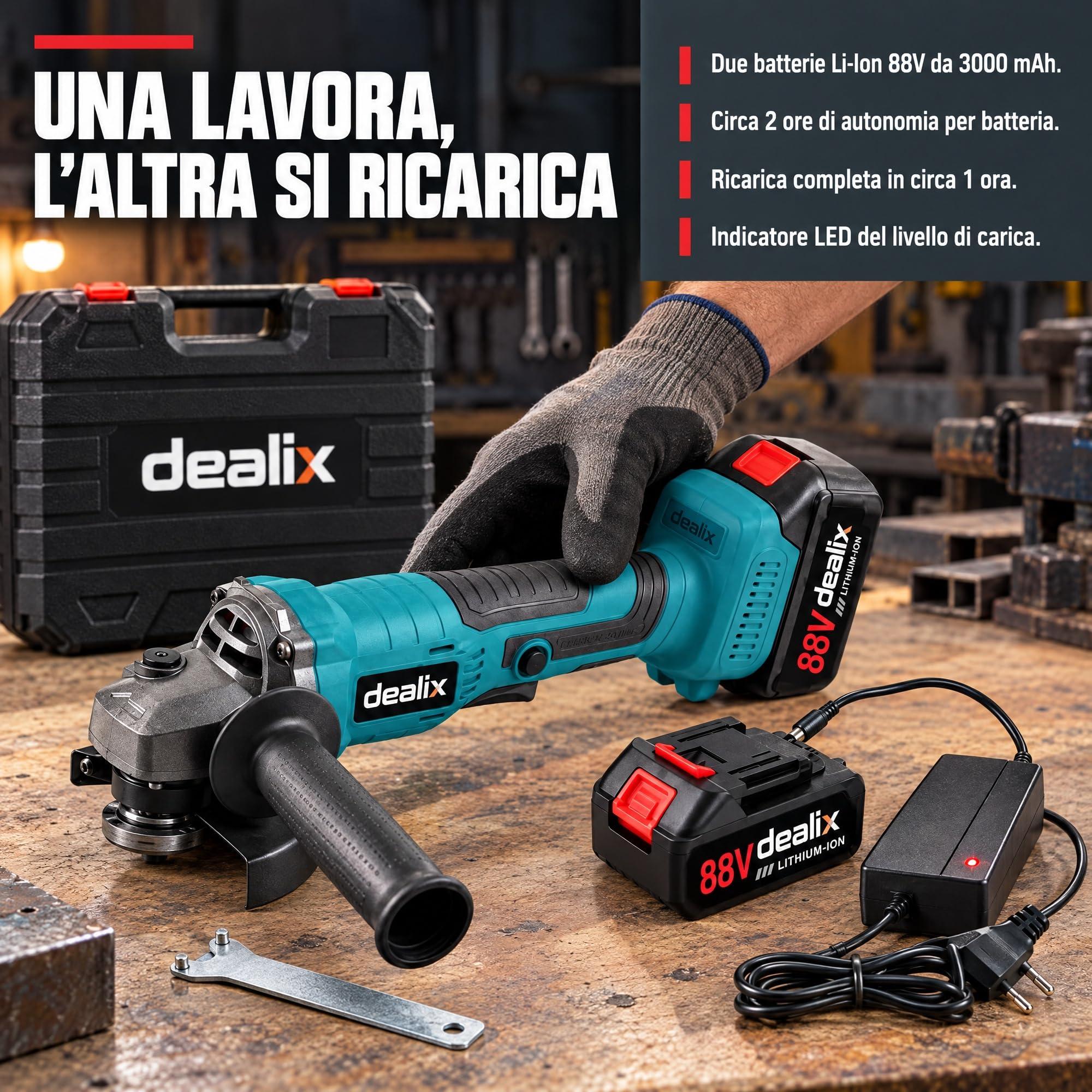 Smerigliatrice Angolare a Batteria Brushless 125 mm, Kit 2 Batterie