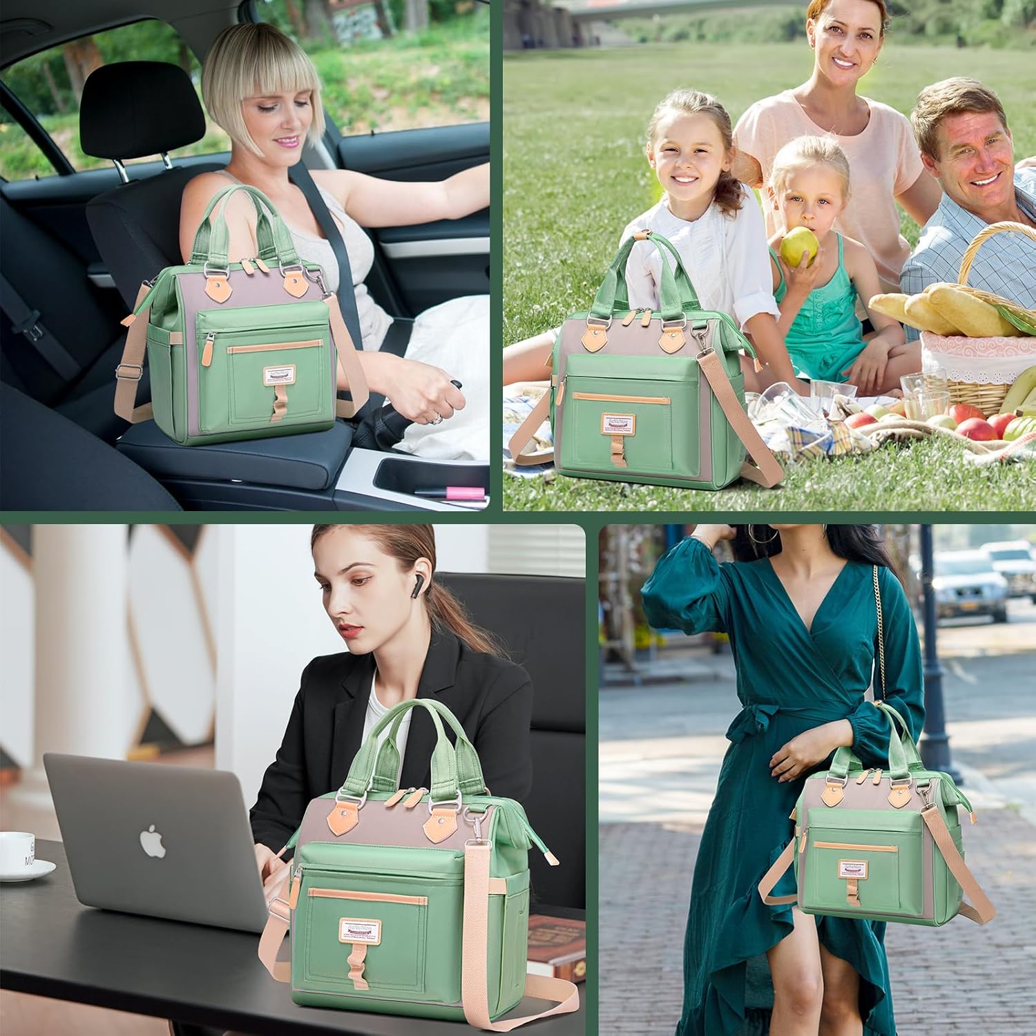 Insulated Lunch Box with Leakproof Design - Adult Women's Lunch Bag with Side Pockets & Adjustable Strap - Perfect for Work, Picnic, Beach & Travel (Green)