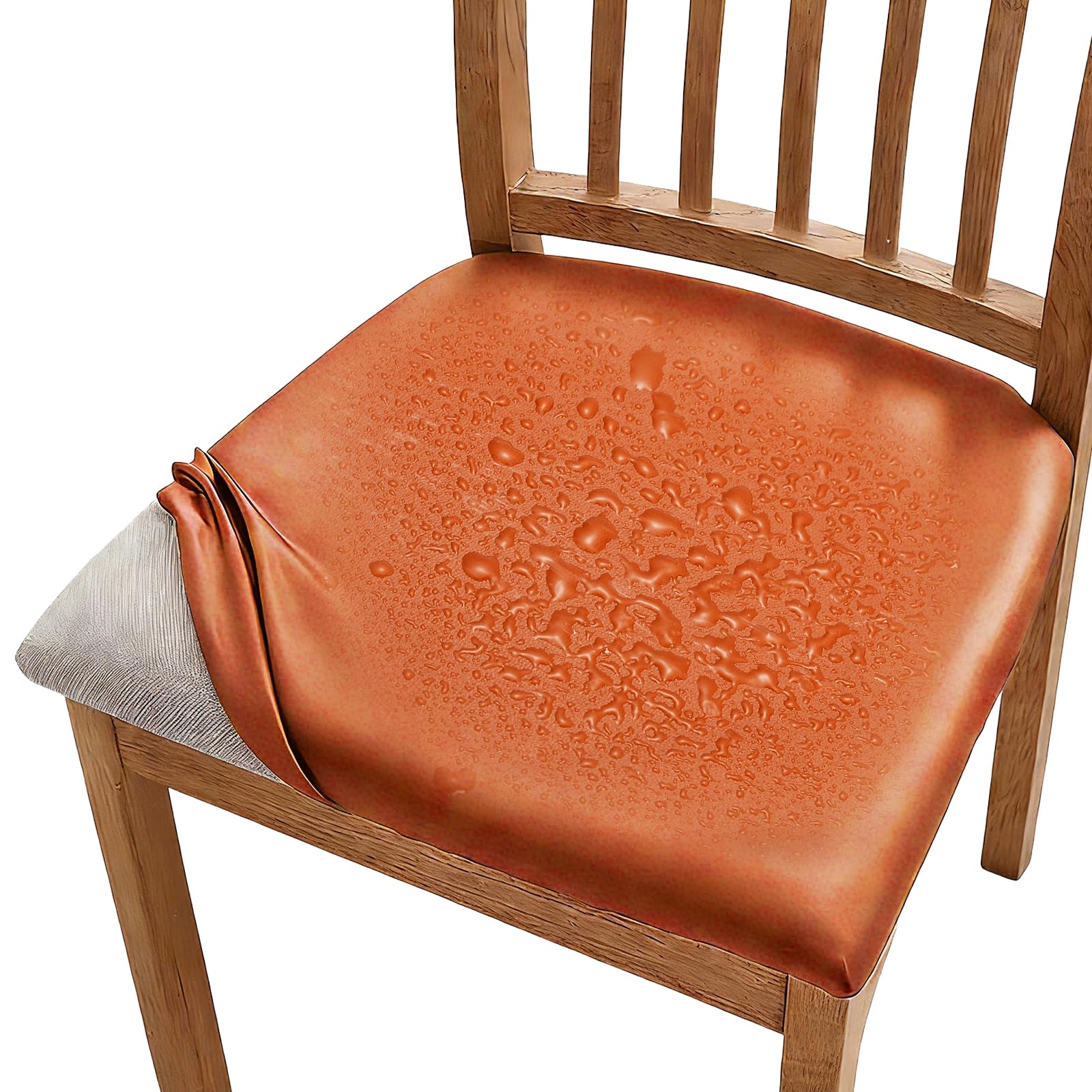sourcing map PU Leather Covers for Dining Room Chairs, Soft Waterproof Dining Seat Covers Removable Stretch Chair Cushion Slipcovers with Elastic Band for Home, Kitchen(45-56cm, L, Orange)