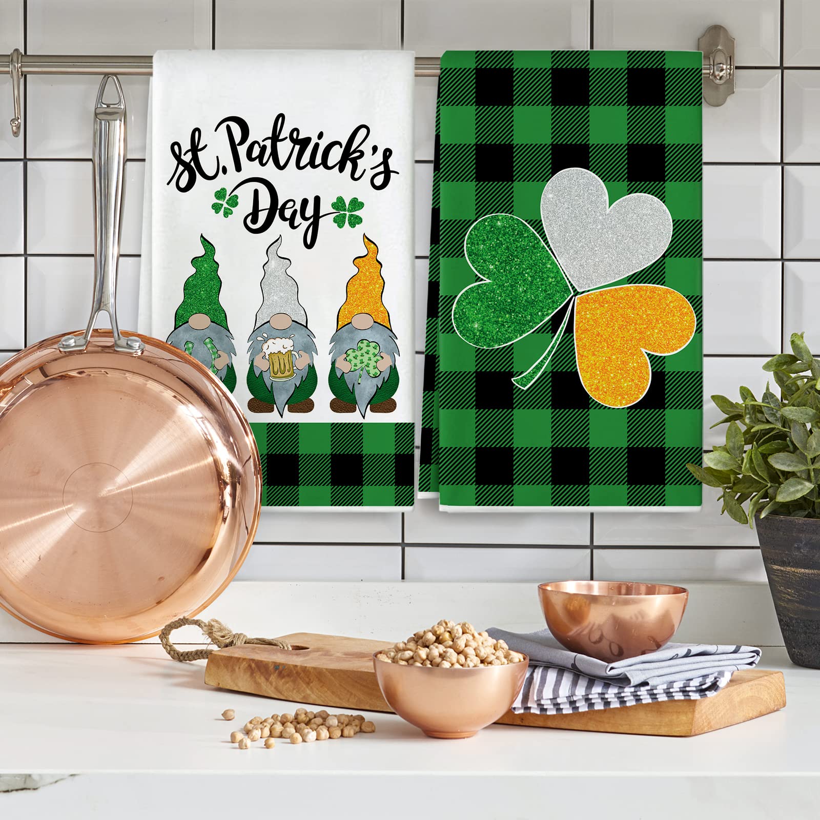 St. Patrick's Day Geschirrtücher - 2er Set Mit Kleeblatt & Karo In Grün - Saisonale Küchendeko