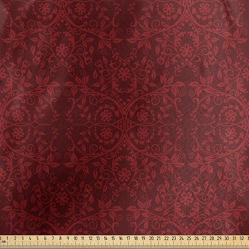 Miniatura 2 de Lunarable Burgundy Fabric by The Yard, Intricate Spring Motifs Abstract Style Blossoming Branches Flower Buds, Decorative Satin Fabric for Home