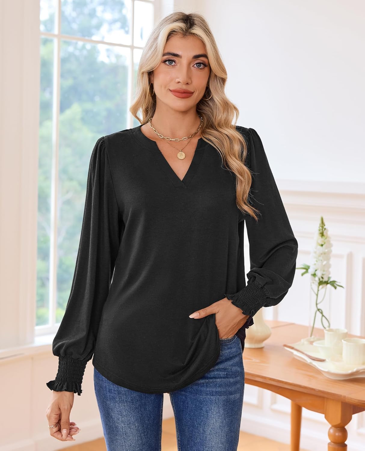 Womens Tunic Tops Long Sleeve Blouses for Women Dressy Casual V Neck Tops Shirts Trendy with Smocked Cuffs - Image 2