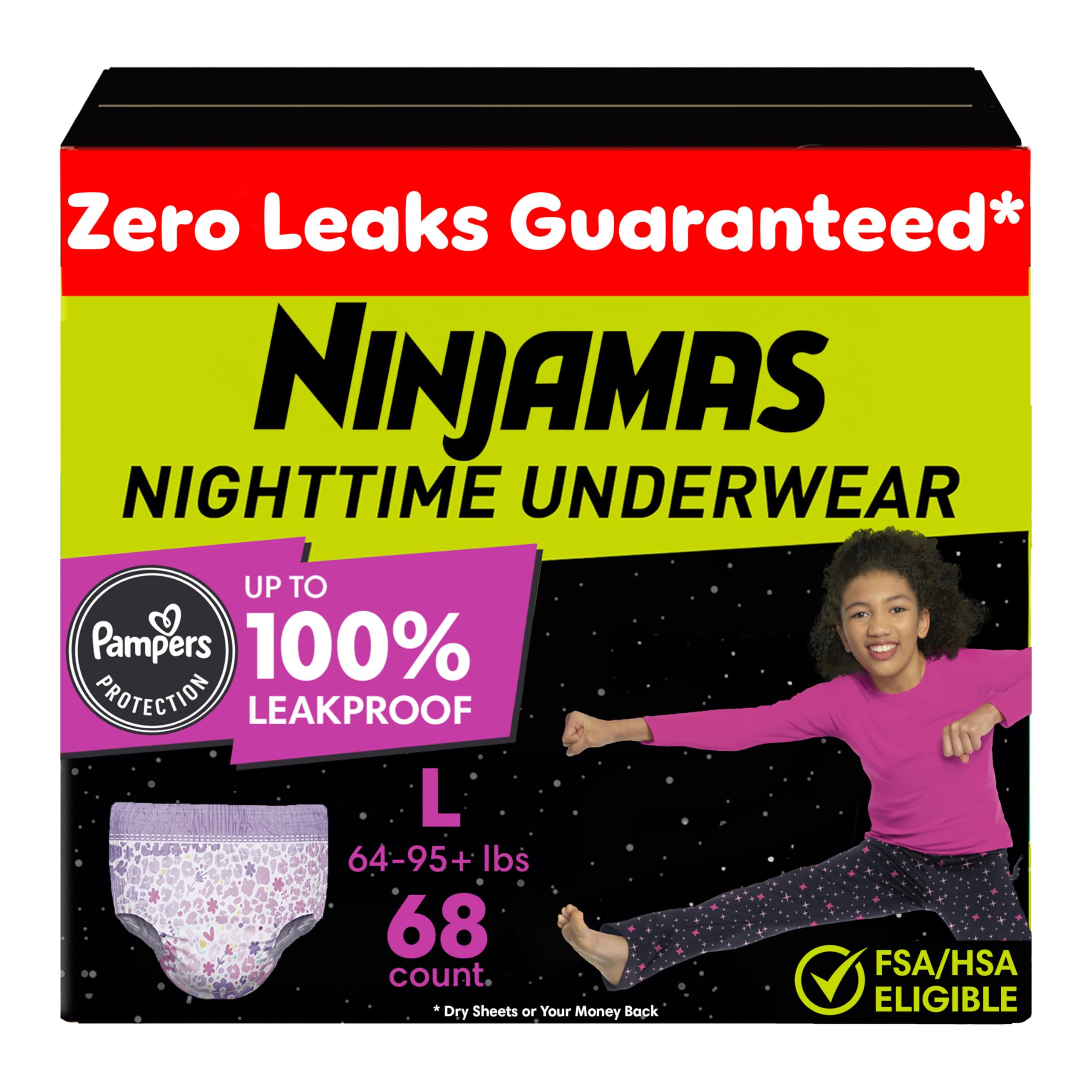 Pampers Ninjamas Girls Nighttime Bedwetting Underwear, Size 8