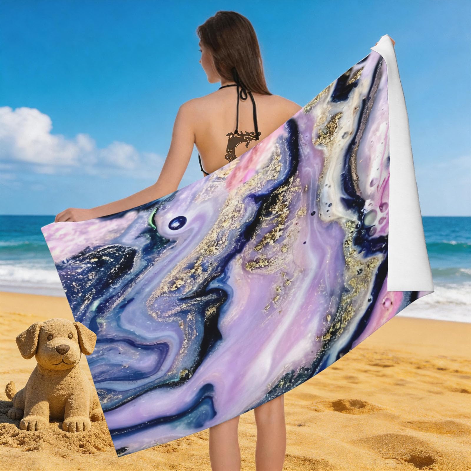 Leichong 3D Fluid Art Beach Towel Microfiber Soft Quick Dry for Adults, Abstract Bath Towel Lightweight Soft Absorbent for Travel Swimming Pool Sports, 75 x 150 cm