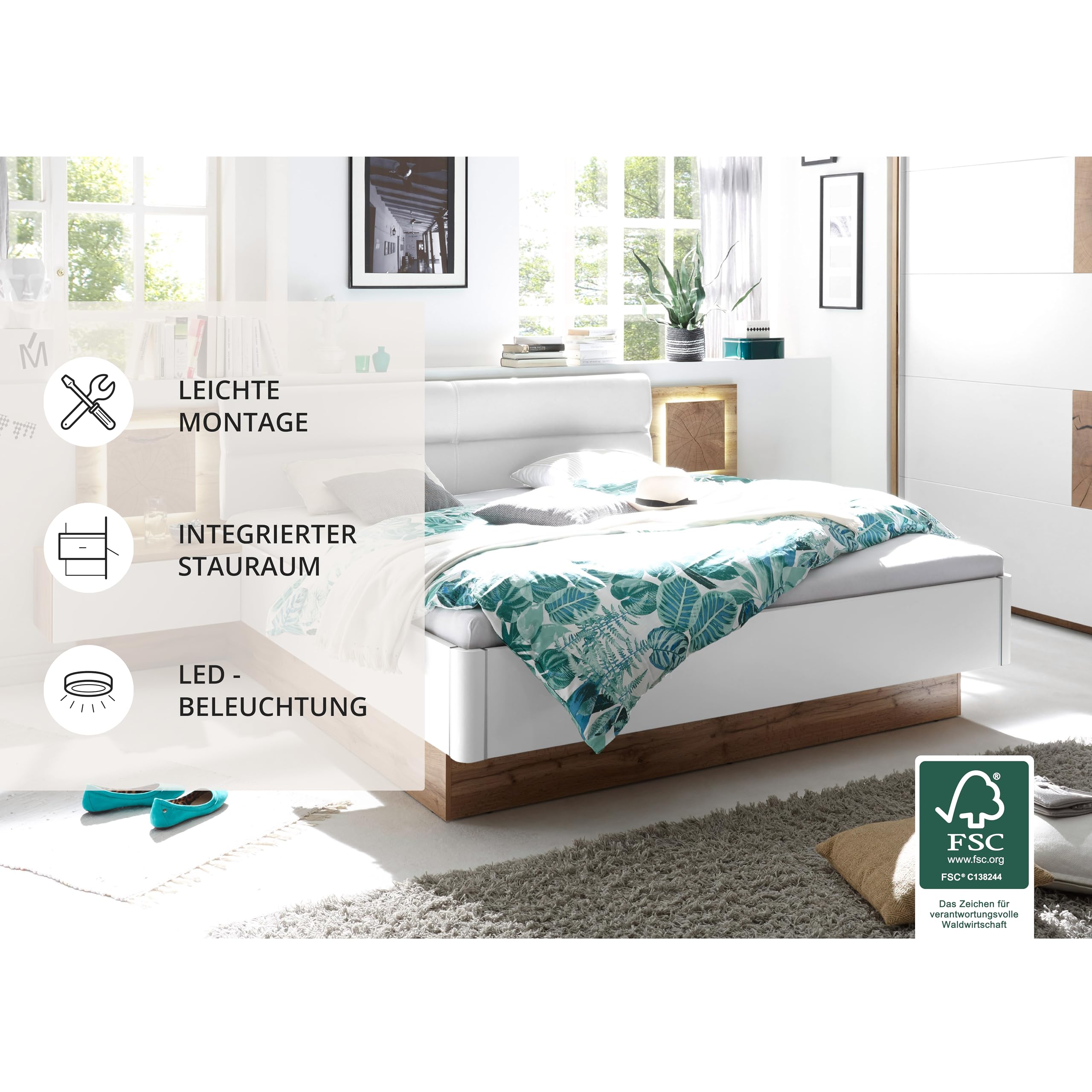 Stella Trading Capri Stilvolle Doppelbett Bettanlage mit LED-Beleuchtung 180 x 200 cm - Schlafzimmer Komplett-Set in Wildeiche-Optik, Weiß - 305 x 96 x 205 cm (B/H/T)