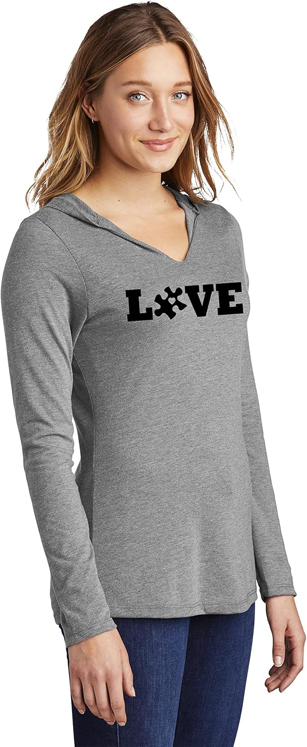 Ladies Hoodie Shirt Love Autism Awareness Tee Grey Frost 2XL