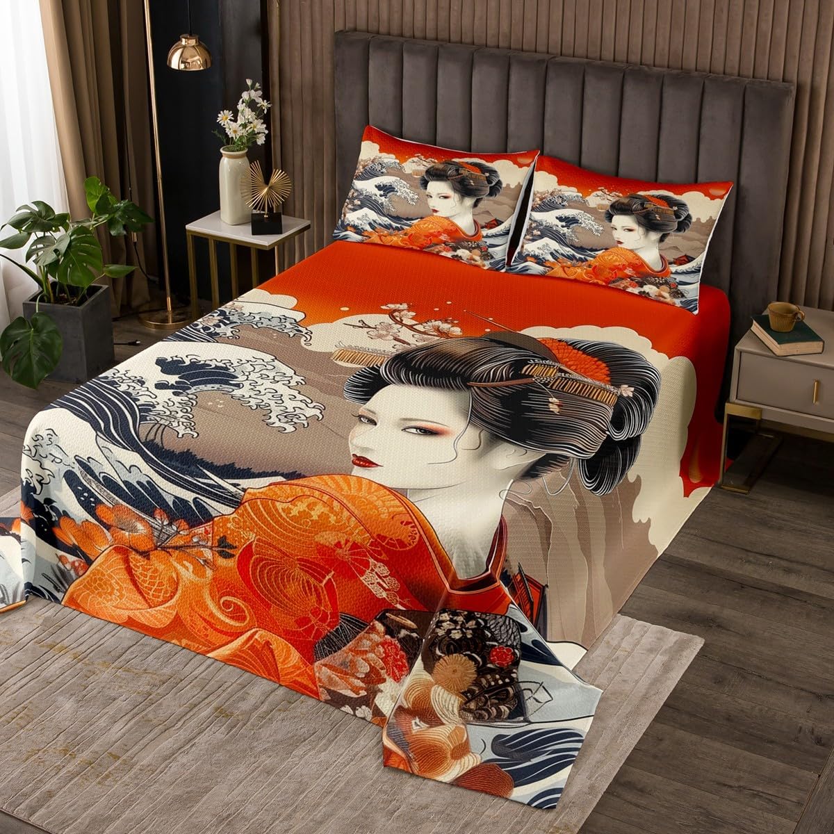 Erosebridal Japanese Geishas Quilt Sets Kyoto Japan Bedspread Set Queen Size for Kids Teen Women,Red Luxurious Kimono Coverlet Sets Red White Flowers Bed Set 2 Pillow Cases