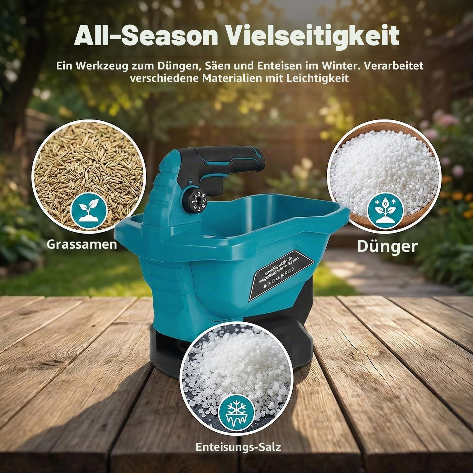 Cordless Düngerstreuer kompatibel mit Makita 18V Akku, 3,3-Liter Handgehaltener Sä- und Streuwagen für Dünger,Saatgut, Streusalz, 5 m Streubreite, 6 Geschwindigkeiten & 8 Streustufen(Ohne Akku)