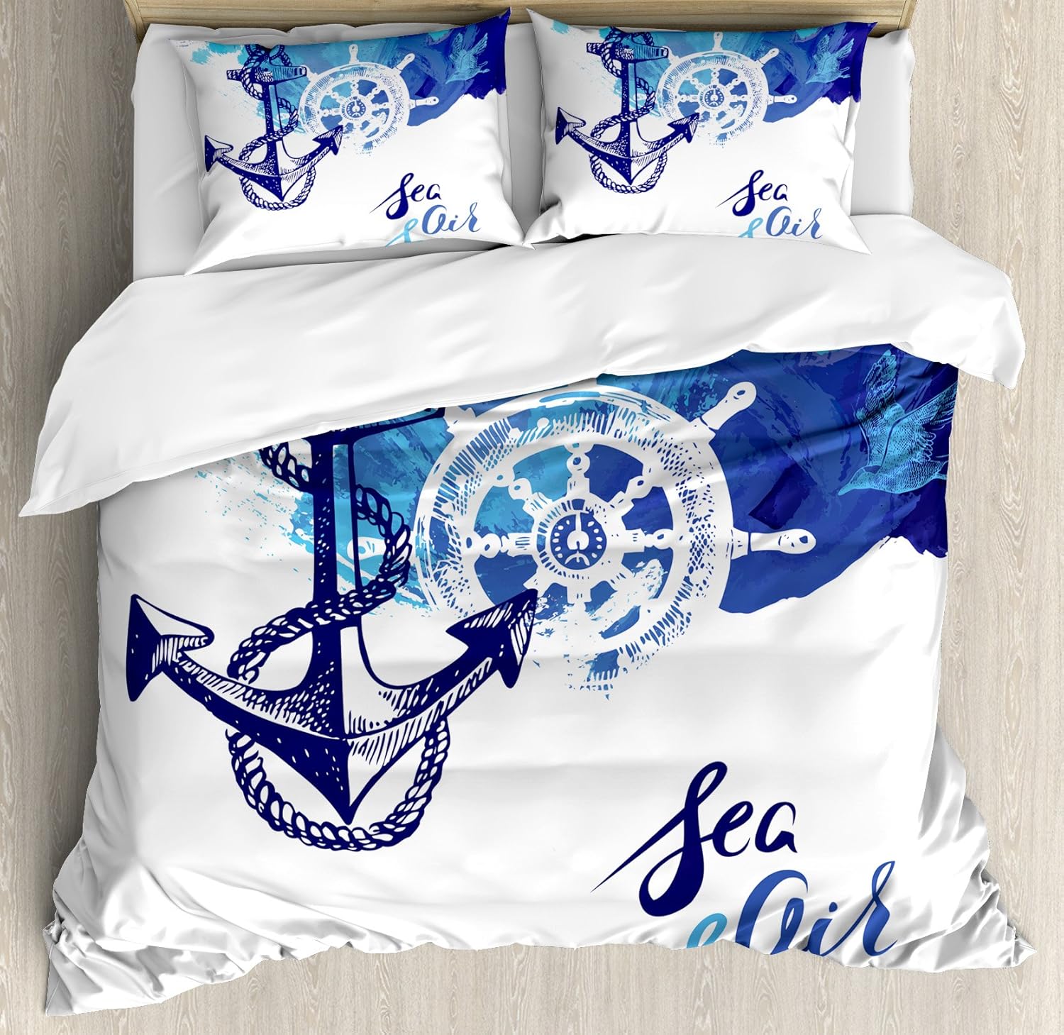 Ambesonne Nautical Duvet Cover Set, Vivid Ocean Back with Paint Effects with Wind Rose and Rudder Cruise Image, Decorative 3 Piece Bedding Set with 2 Pillow Shams, King Size, Shades of Blue King Shades of Blue
