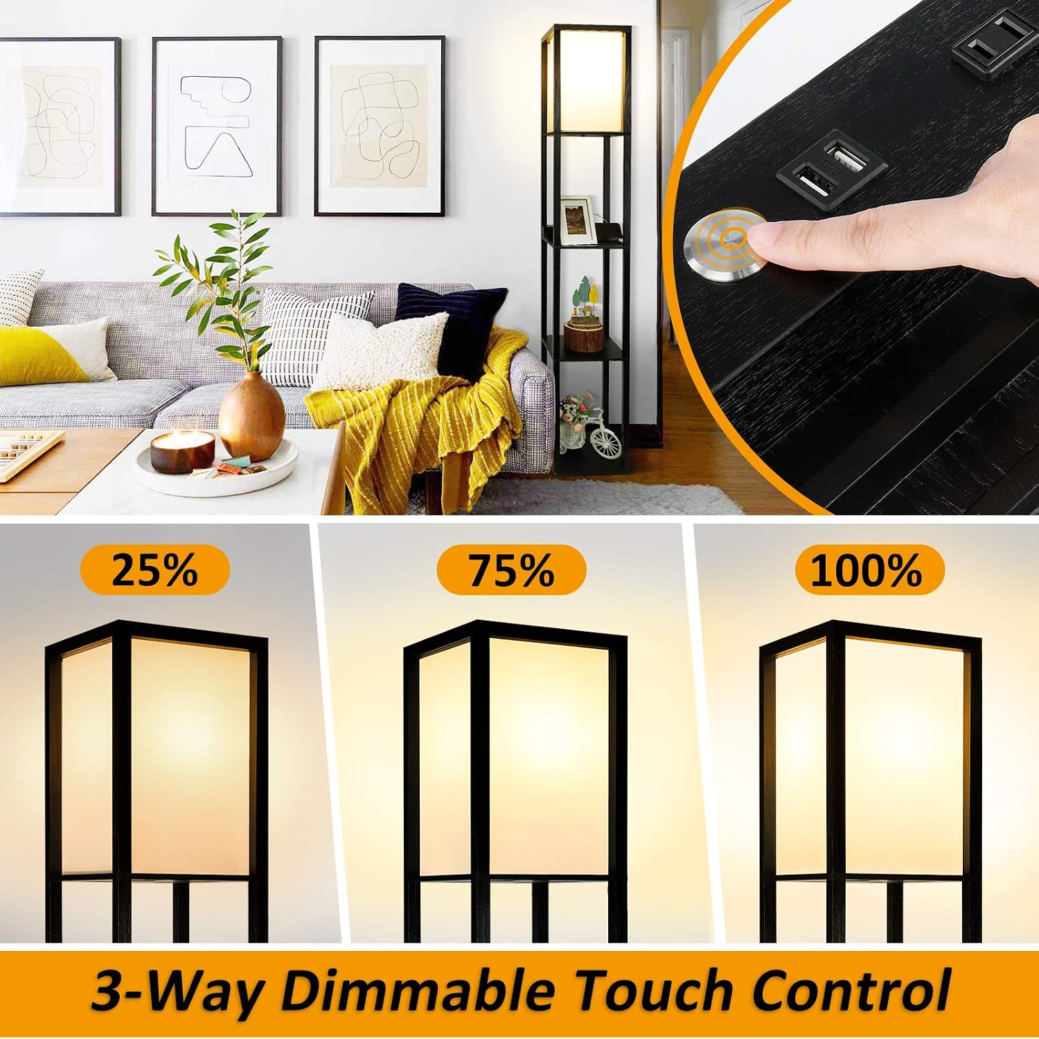 FOLKSMATE 3-Way Dimmable Shelf Floor Lamp with USB Charging Ports and Power Outlet, Shelves & Storage Modern Standing Light for Bedroom, Living Room, Corner Tower Nightstand lamp-Black