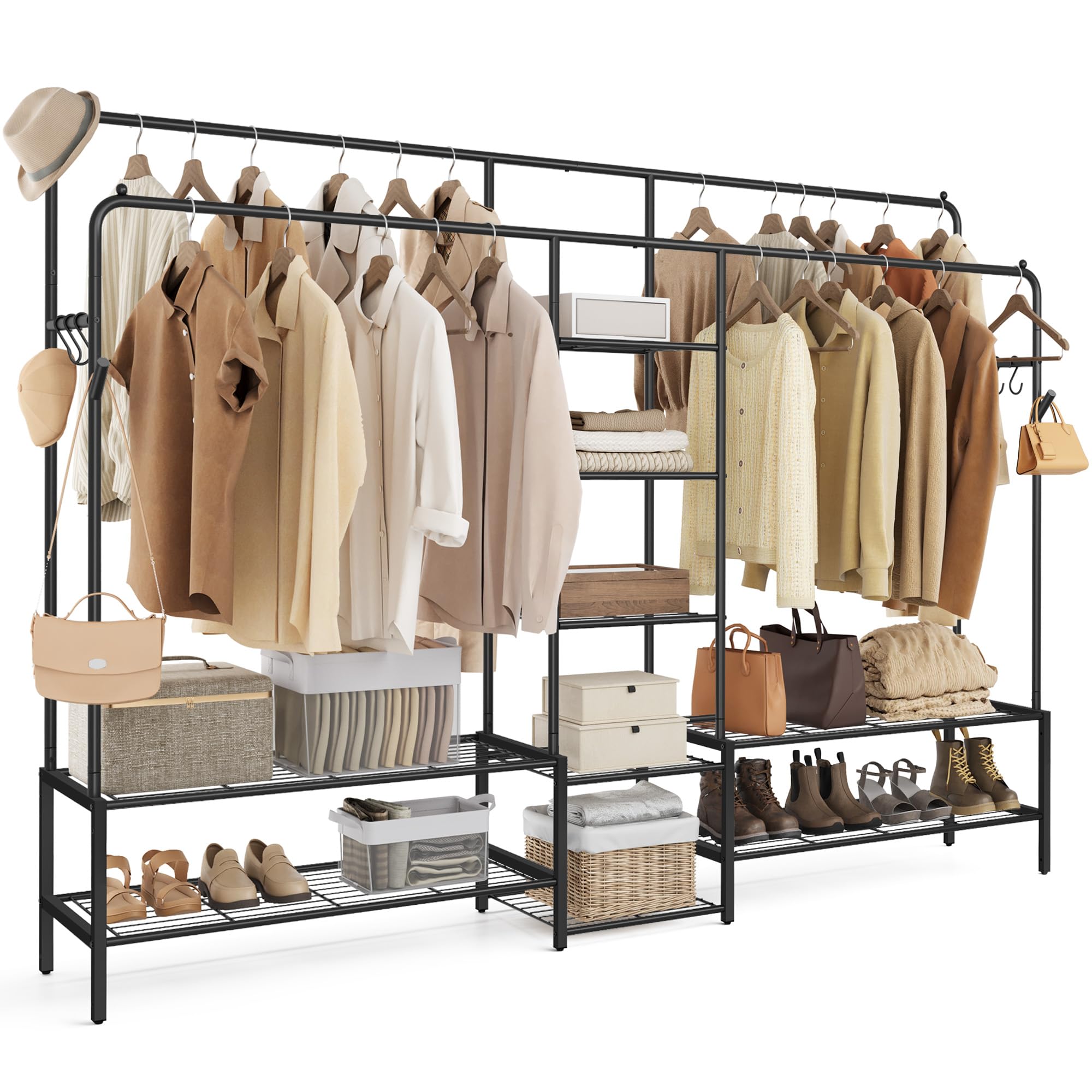 SONGMICS Kleiderständer, offener Kleiderschrank, Garderobenständer mit 9 Ablagen, Metallrahmen, Kleiderstange, für Schlafzimmer, Wohnzimmer, Eingangsbereich, schwarz HSR183B01