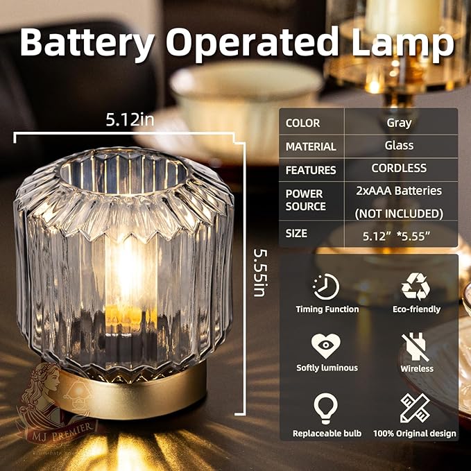 MJ PREMIER MJ PREMIER Battery Operated Lamp with Timer Cordless Table Lamps for Home Decor Battery Powered Nightlight with LED Bulb Decorative Glass Beside Lamp for Bathroom Bedroom Living Room Grey photo 2