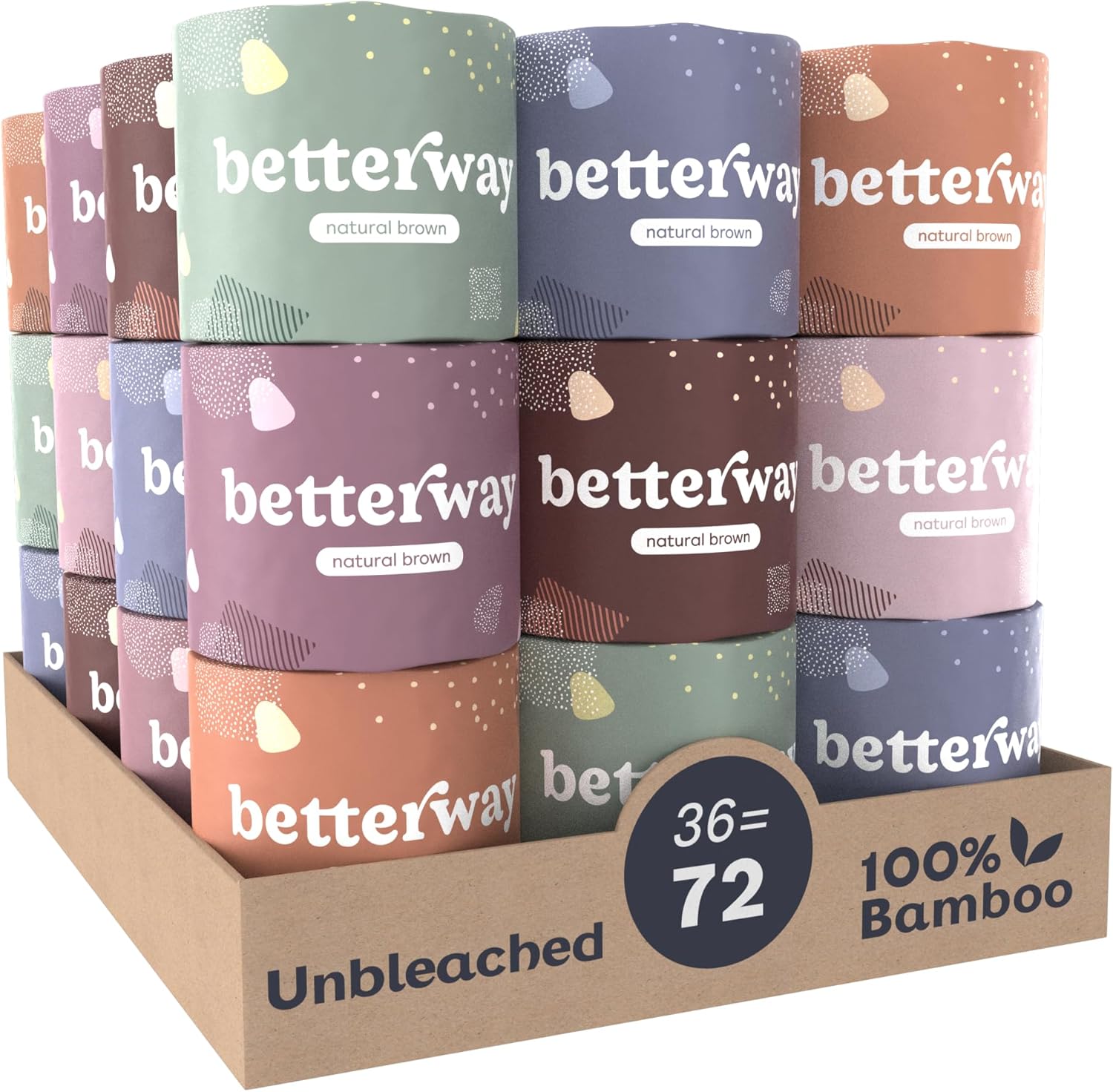 Betterway Unbleached Bamboo Toilet Paper Rolls - Eco-Friendly 3 Ply Toilet Tissue - 36 Double Rolls - 360 Sheets/Roll - Organic, FSC Certified, Septic Safe TP - Lint-Free, PFAS-Free Bath Tissue 360 sheet (Pack of 36) Brown