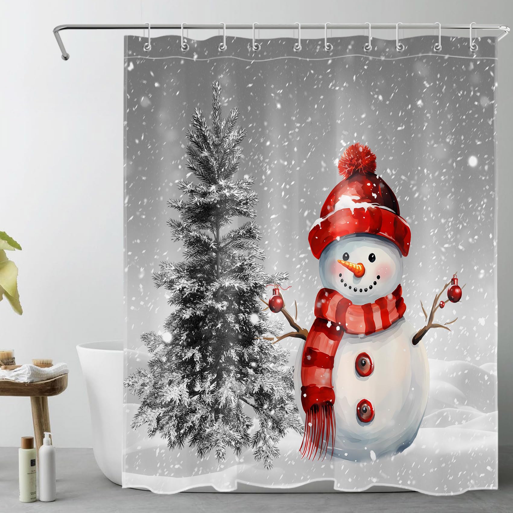 AUEEA Red Christmas Shower Curtain for Bathroom Funny Snowman with Snowy Pine Tree in Grey Snow Scene Bathroom Shower Curtains with Hooks, Winter Snowflake Bathroom Curtains Shower Set 60" W x 72" L