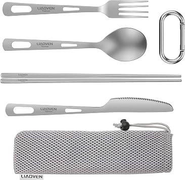5-Piece Titanium Flatware Knife Fork Spoon Chopsticks Set, Lightweight Travel Camping Utility Cutlery Set with Carrying Bag, Reusable Eco-Friendly Camping Silverware for Backpacking Work Hiking