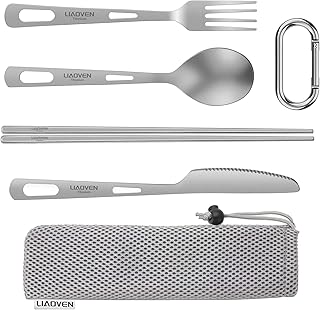 5-Piece Titanium Flatware Knife Fork Spoon Chopsticks Set, Lightweight Travel Camping Utility Cutlery Set with Carrying Bag, Reusable Eco-Friendly Camping Silverware for Backpacking Work Hiking