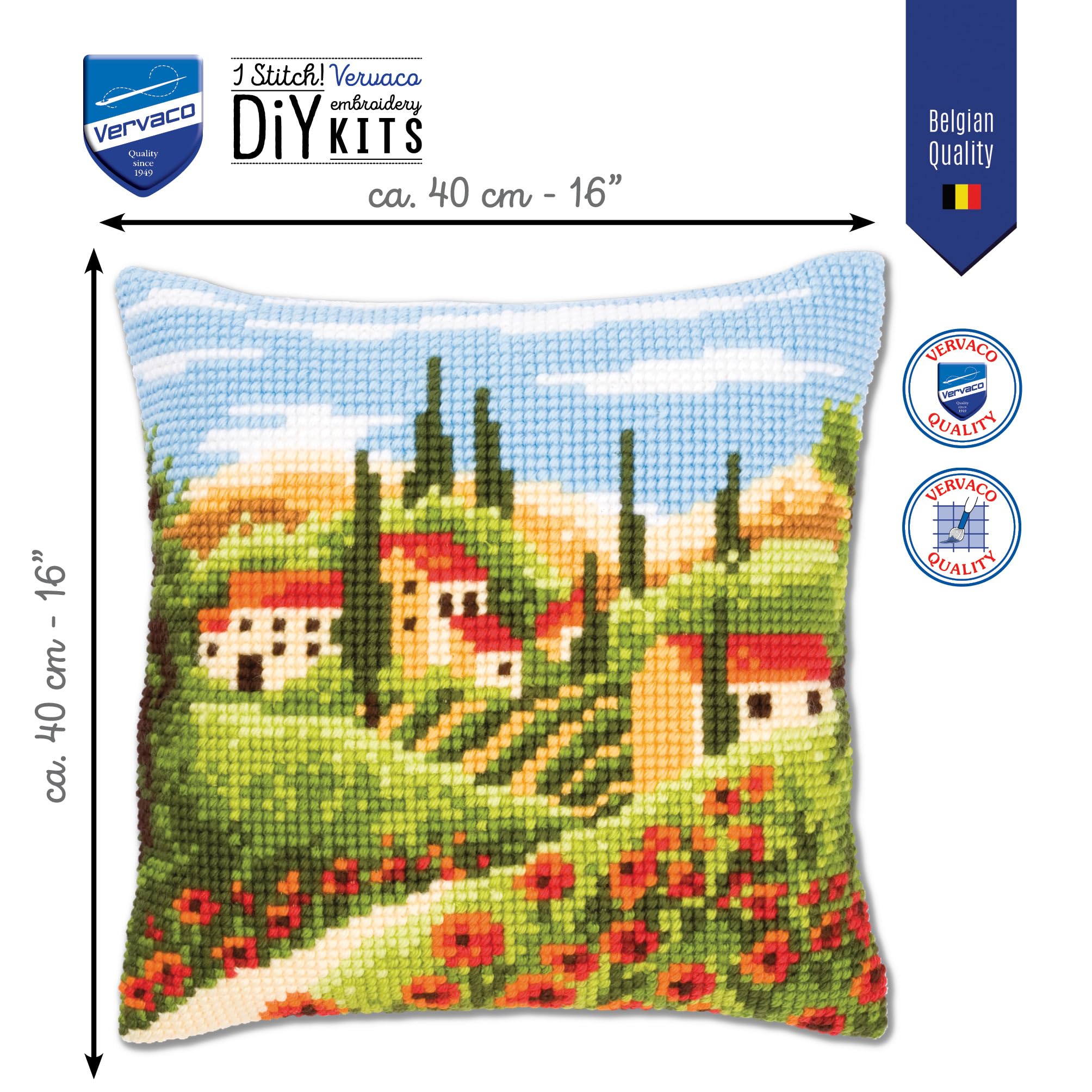 VERVACO Kreuzstich Stickpackungen Kissen Stickerei Set Anfänger Vorgedruckt Landschaft i.d. Toskana DIY Set Kreativ Set Für Erwachseneca. 40 x 40 cm Bastelset Handwerker Haus Dekoration