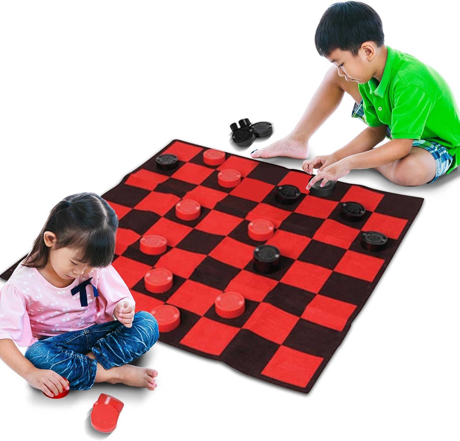 Giant Checkers Rug Set by Gamie - 34.5 x 34.5 Inch Jumbo Checker Board Floor Mat Game with Huge Pieces - Great Gift Idea for Boys and Girls, Fun Birthday Party Activity - Play Room Rug - Red and Black : Toys & Games