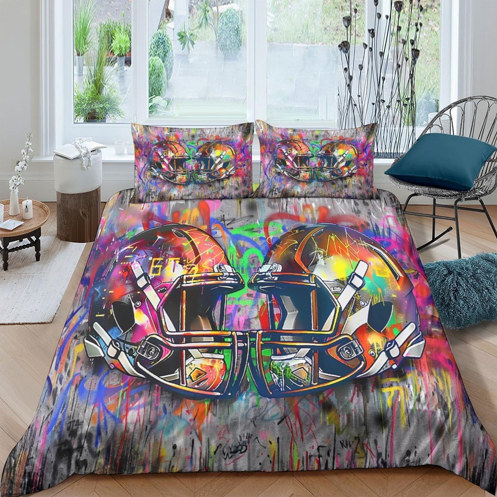 Ctjqhvkz Style-9 3D Printed Graffiti Art Fitted Sheet Microfiber Abstract Helmet Bed Cover For Adult Teen Bedroom Dorm Decor Single（135X200cm）