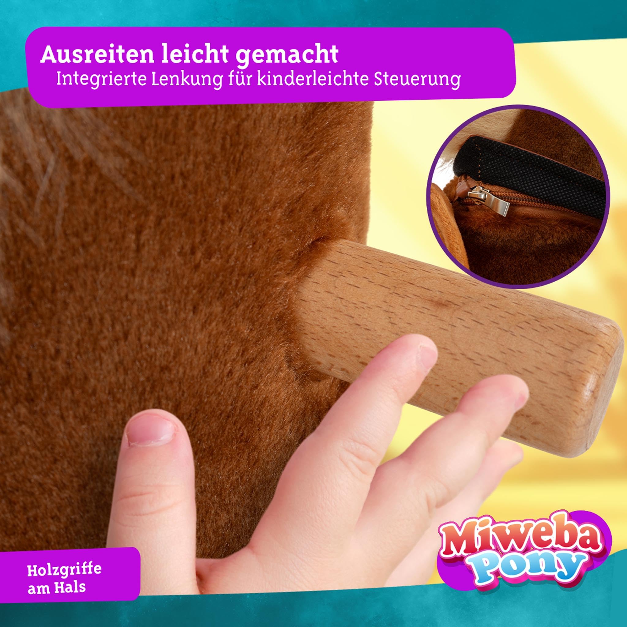Miweba Pony Amadeus | Reitpferd auf Rollen - Pferd für Kinder - Schaukelpferd - Schaukeltier - Kuscheltier - Spielpferd zum Reiten - Plüschtier - Stofftier - Stehpferd - 3-5 Jahre (Small)