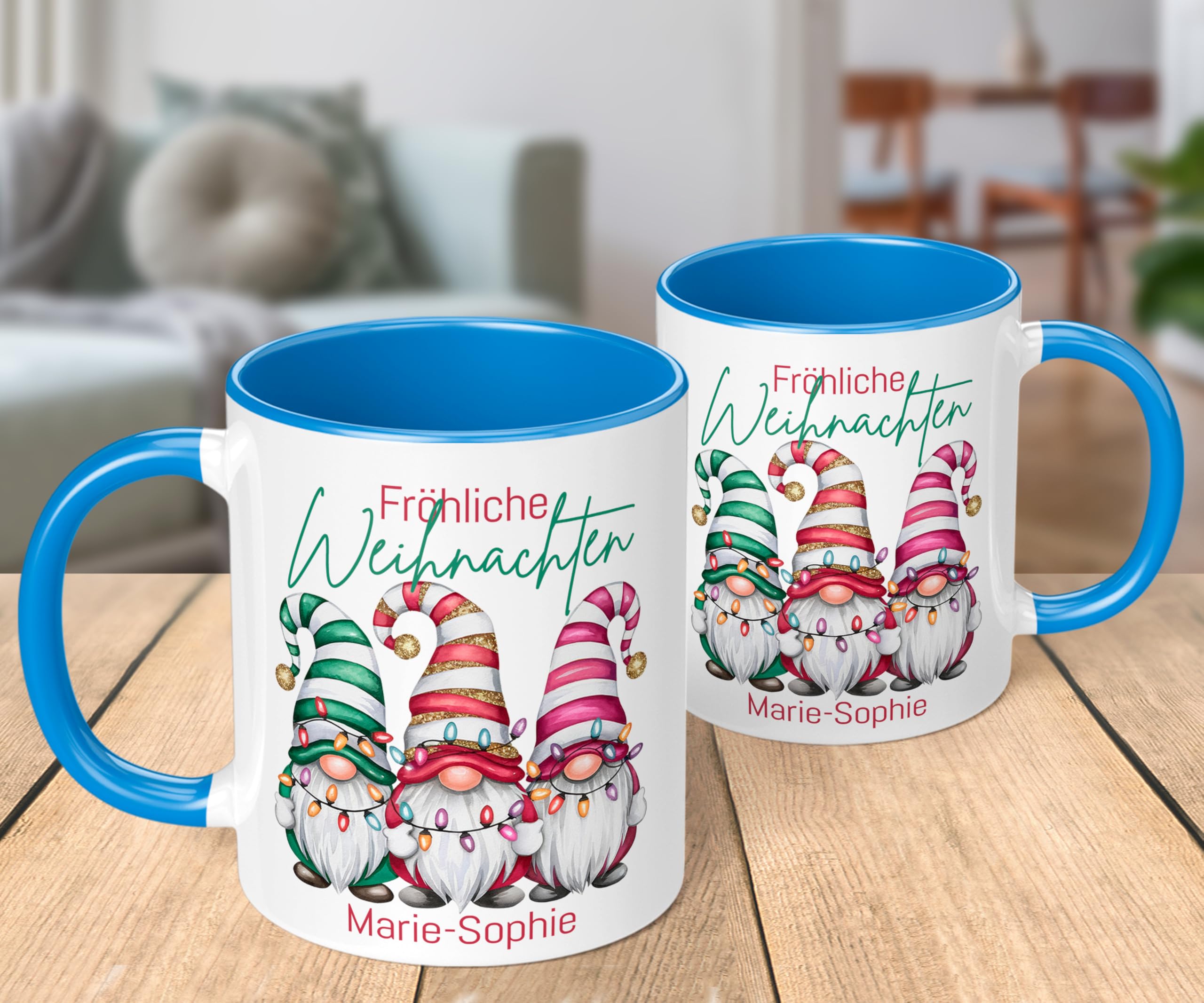 Personalisiert Weihnachtstasse „Fröhliche Weihnachten“ Mit 3 Wichteln – Keramik, 330 Ml, Spülmaschinenfest